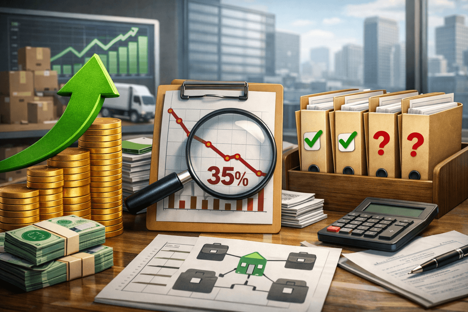 Ilustração 3D realista de um ambiente corporativo de uma distribuidora, com uma mesa de escritório em primeiro plano. Sobre a mesa há pilhas de dinheiro, uma calculadora, documentos e um gráfico impresso com linha descendente sendo analisado por uma lupa. Ao fundo, uma tela mostra um gráfico de crescimento com seta verde para cima, enquanto pastas organizadoras exibem alguns clientes marcados como ativos (check) e outros indefinidos (ponto de interrogação). Ao fundo, um armazém com caixas e um caminhão reforça o contexto logístico. A cena contrasta crescimento de faturamento com análise de clientes ativos.