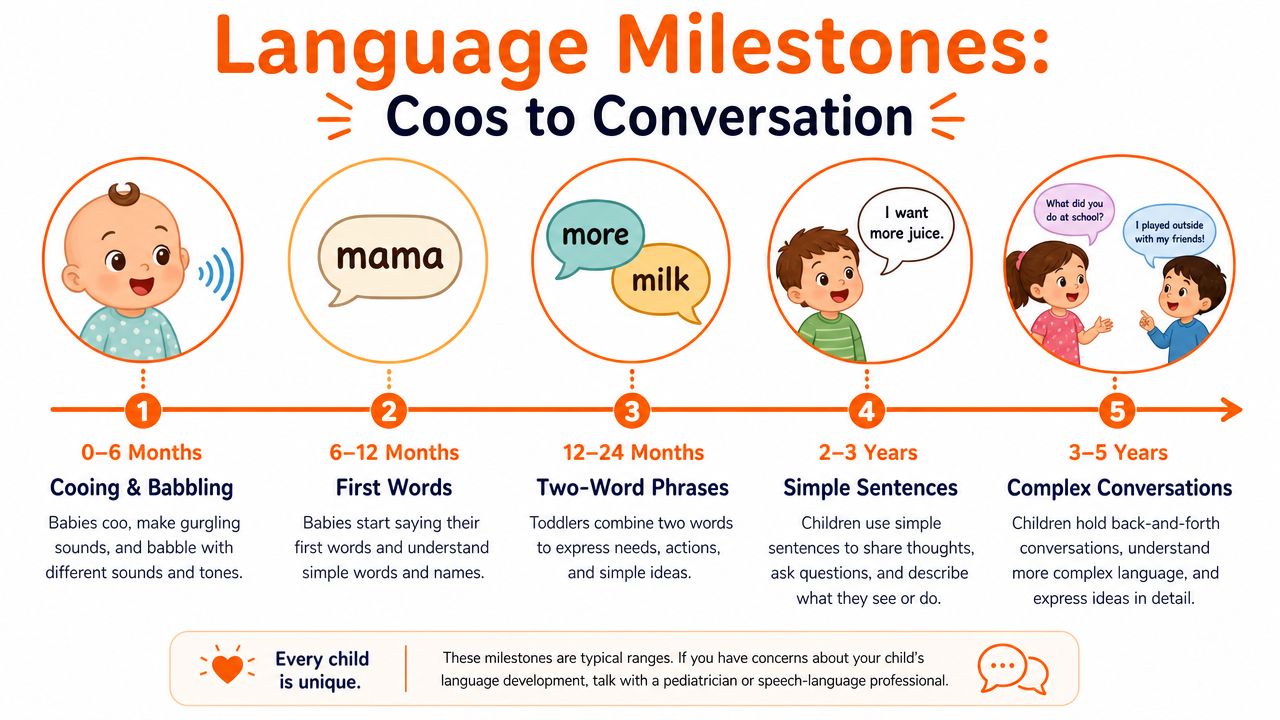 An infographic showing the five stages of language development milestones from infants to school-aged children.