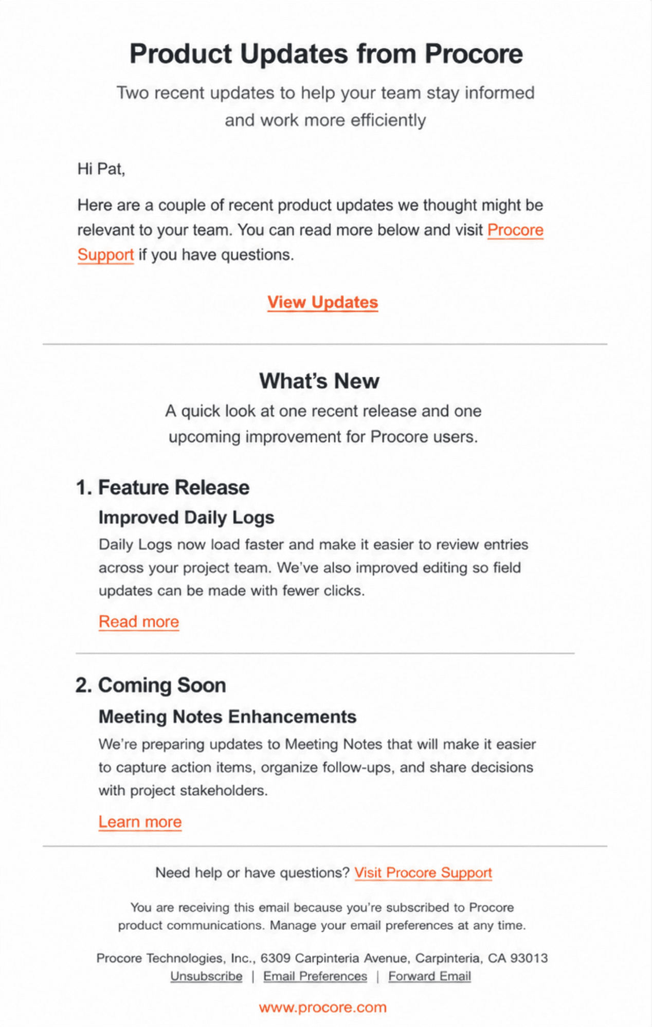 Original Procore Product Updates email before the redesign.