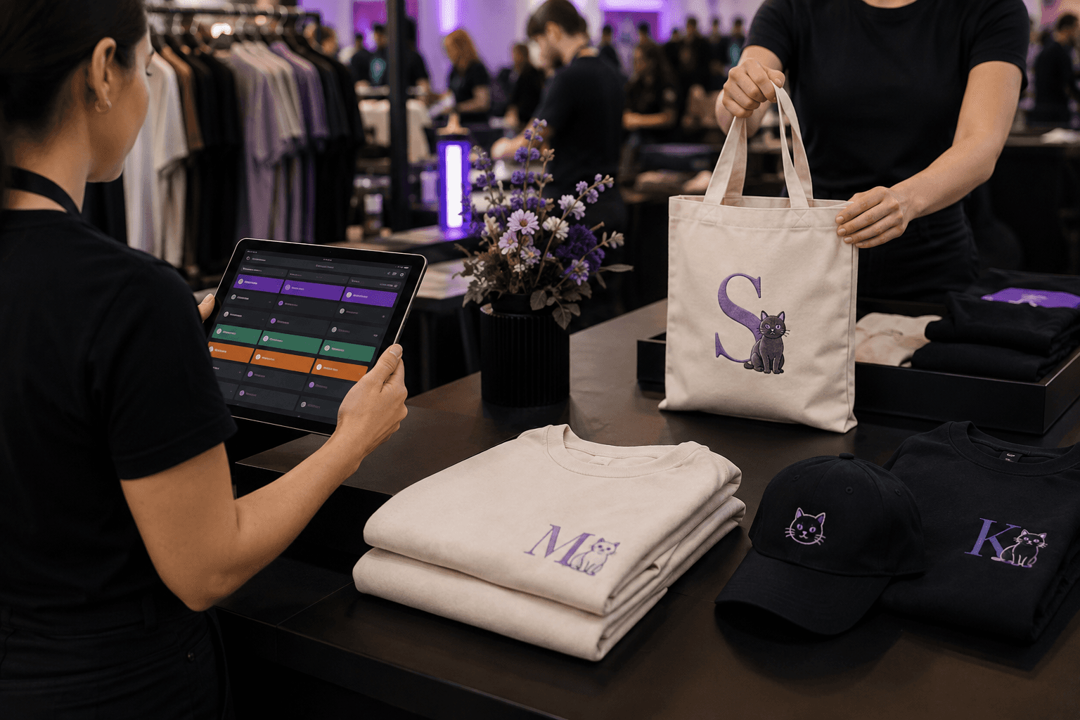 Equipo de evento gestionando pedidos y productos personalizados terminados