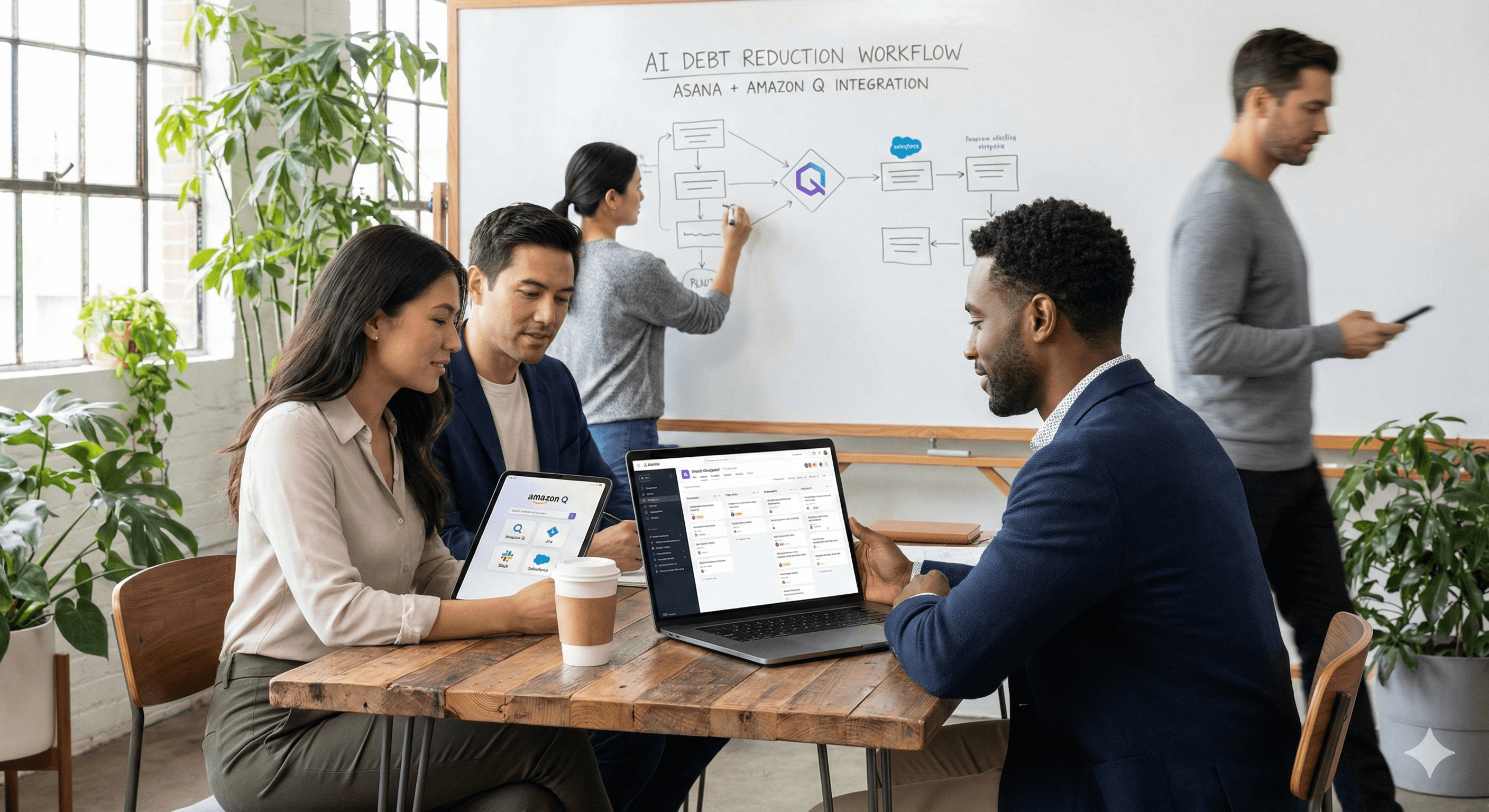 Four professionals collaborate on a project, with two working on laptops displaying Asana AI and Amazon Q interfaces, while a whiteboard behind them outlines an AI debt reduction workflow.