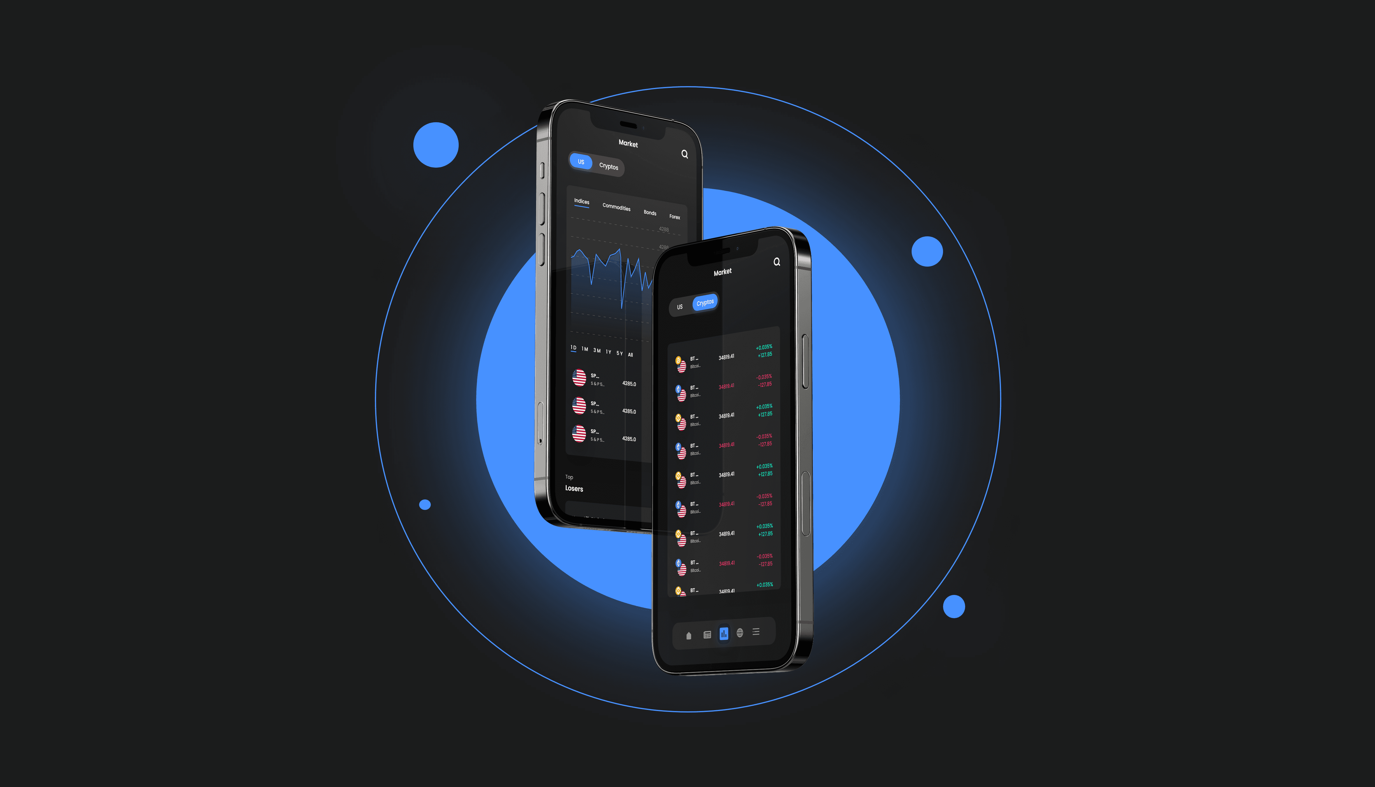 Mockups of Fintech mobile app UI/UX design with a sleek dark theme for tracking cryptocurrencies and investments.