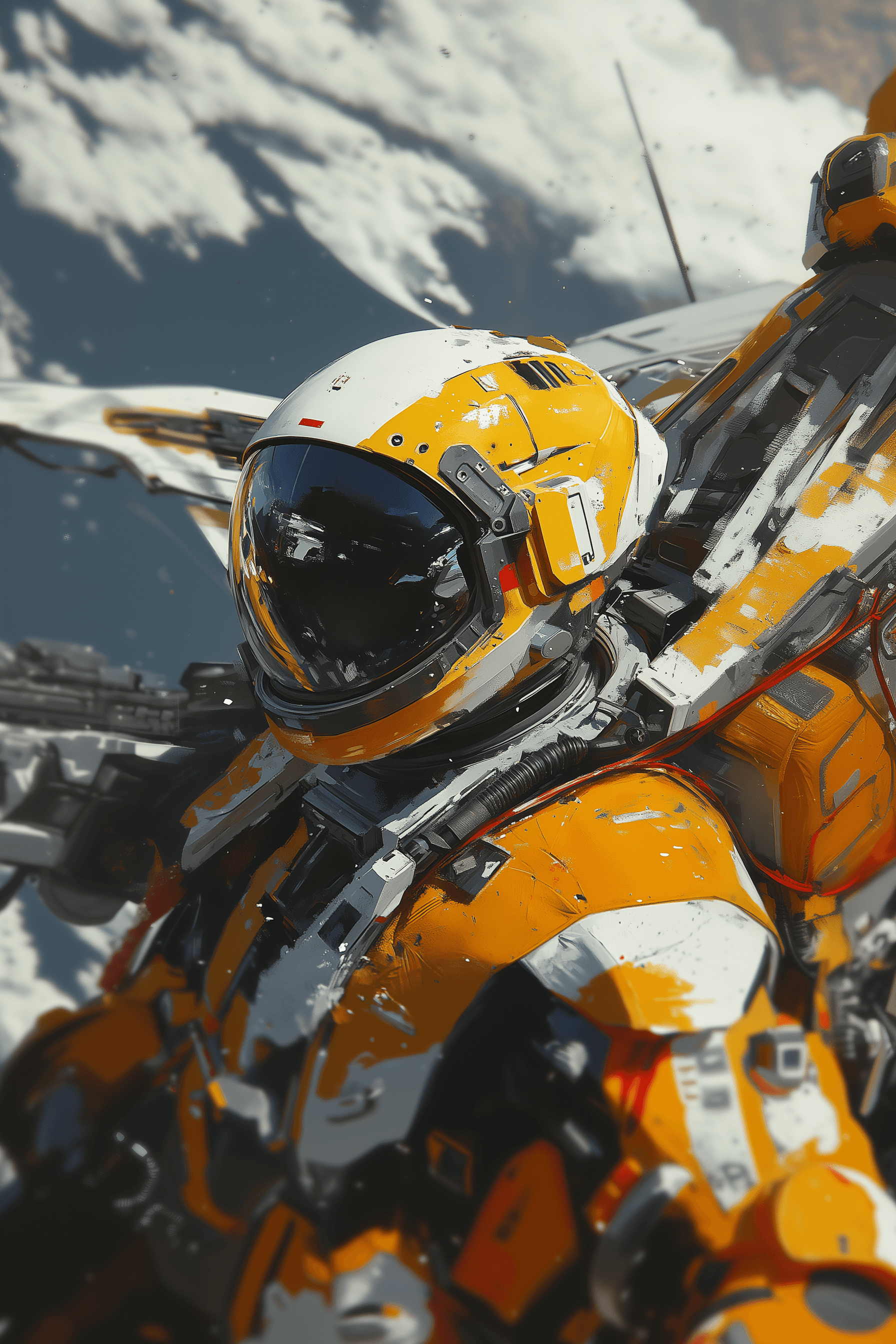 A sci-fi space pilot with a helmet and visor, in an orange, yellow, and white color scheme. Concept art in the style of Atey Ghailan and Mary Blair, digital oil painting with impasto texture.