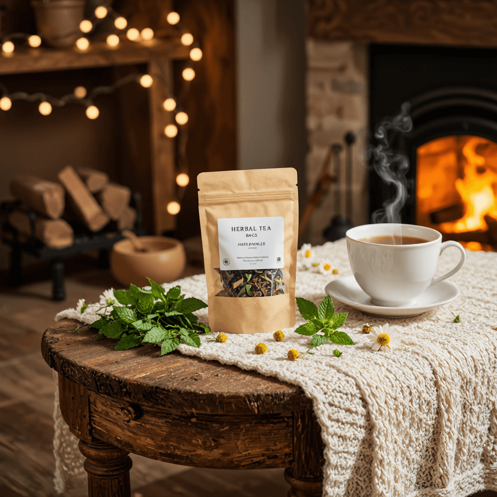 product photography of a package of herbal tea bags for brewing