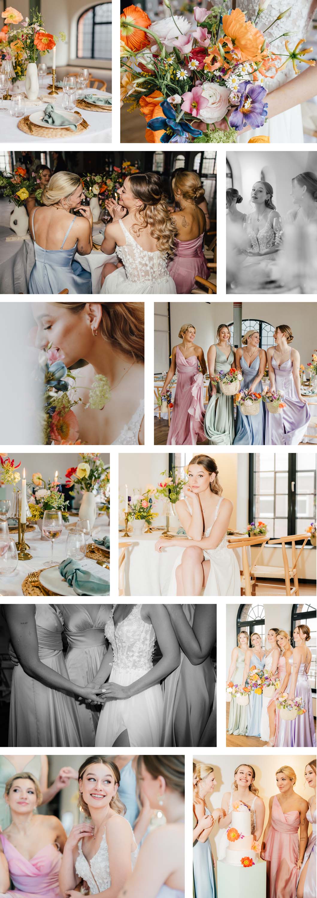 Collage eines bunten floralen Hichzeitskonzeptes mit einer Braut und ihren Brautjungfern in pastellfarbenen Kleidern.