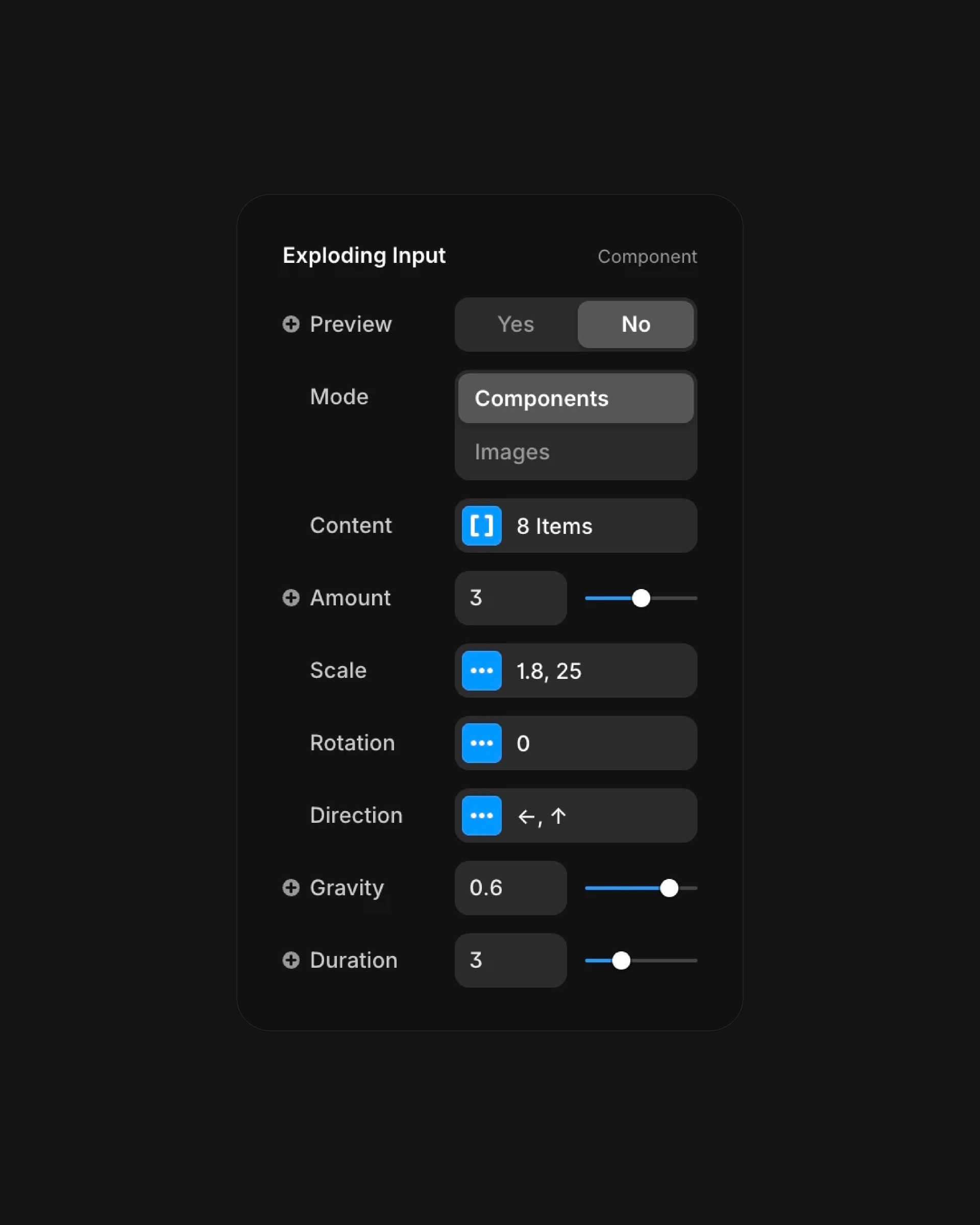 Exploding input component settings panel interface