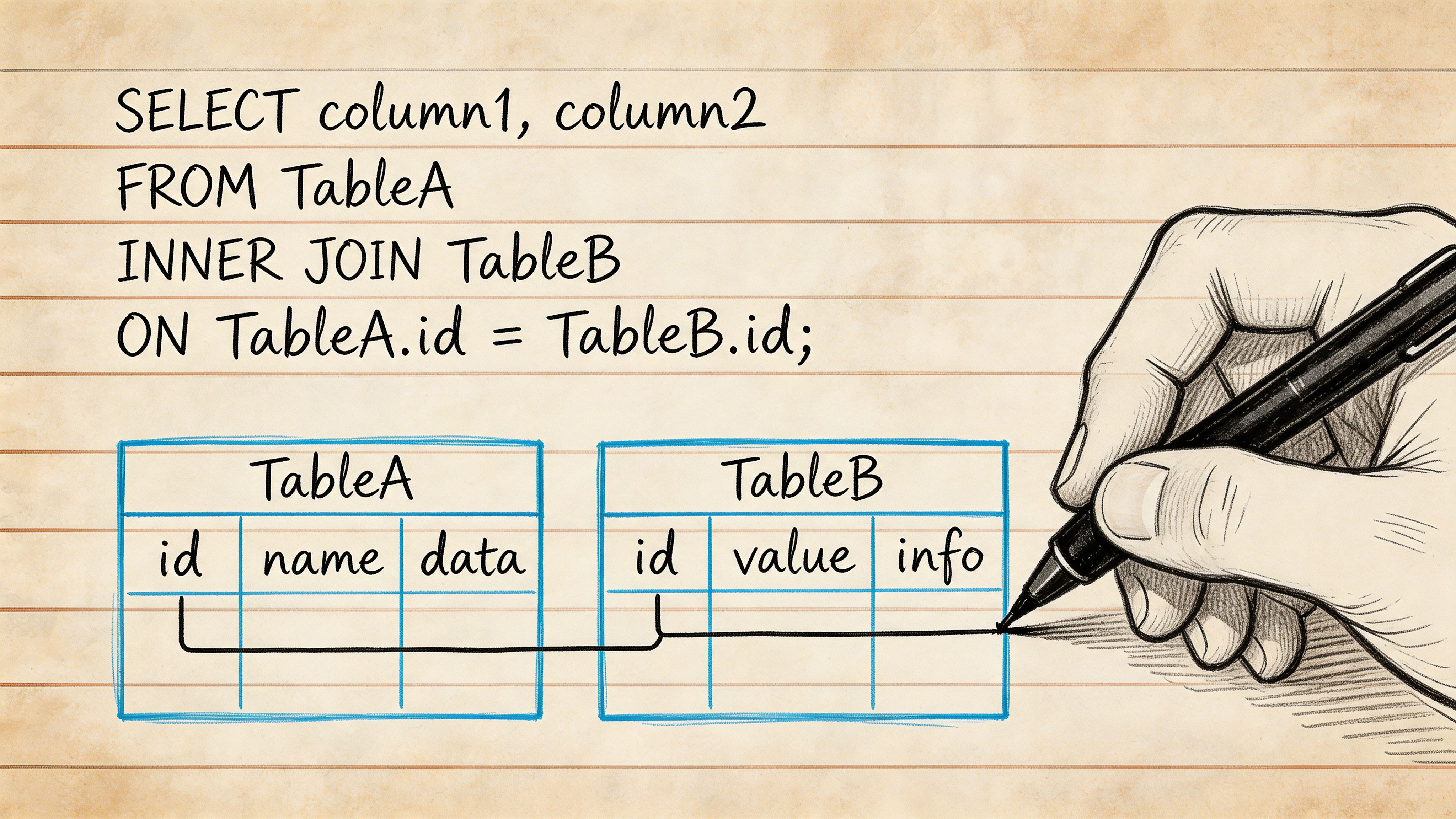 A hand drawing a connection line between the id columns of two database tables with SQL code.