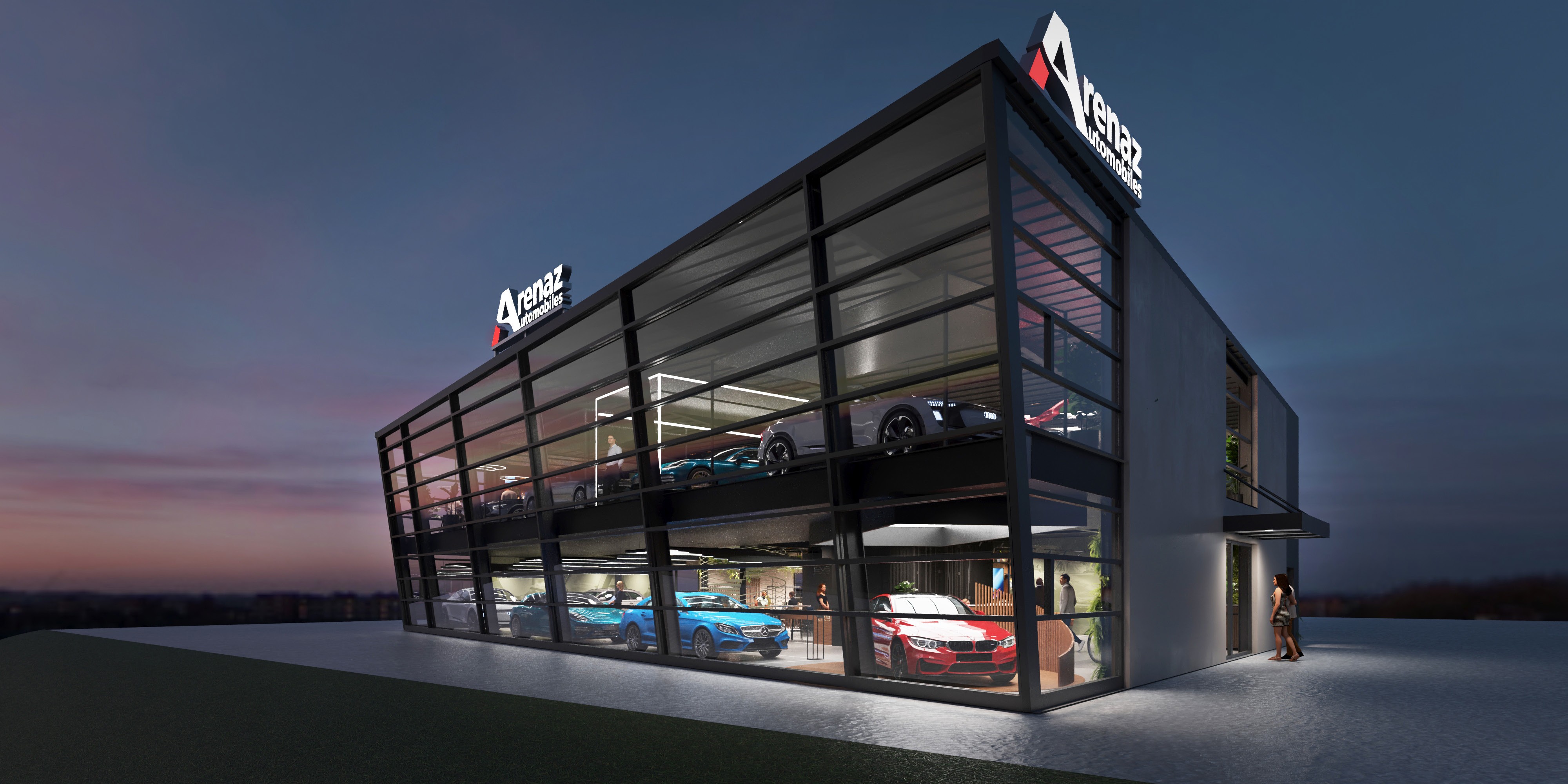 Exterior view of a garage retail design concept for Arenaz Automobiles et Services SA in Crissier Switzerland 