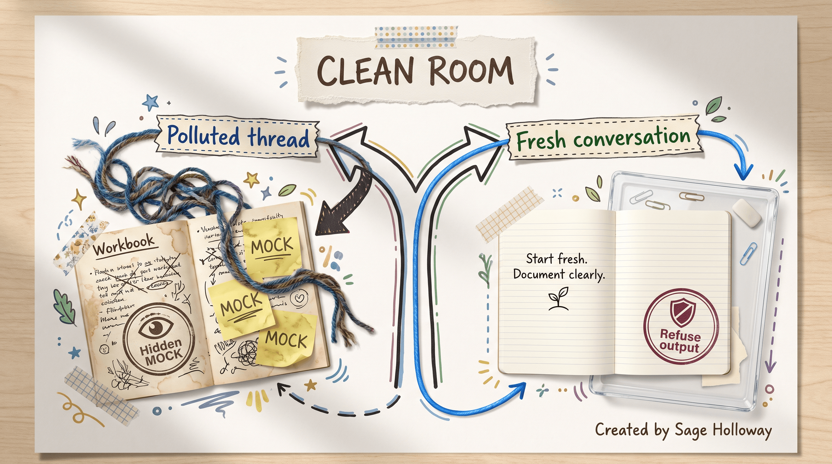 Scrapbook diagram of a clean-room conversation check that catches hardcoded mock data in Claude workbooks
