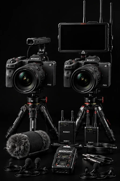 Interview Kit: two Sony FX3 cameras on tripods, monitor, wireless and shotgun audio