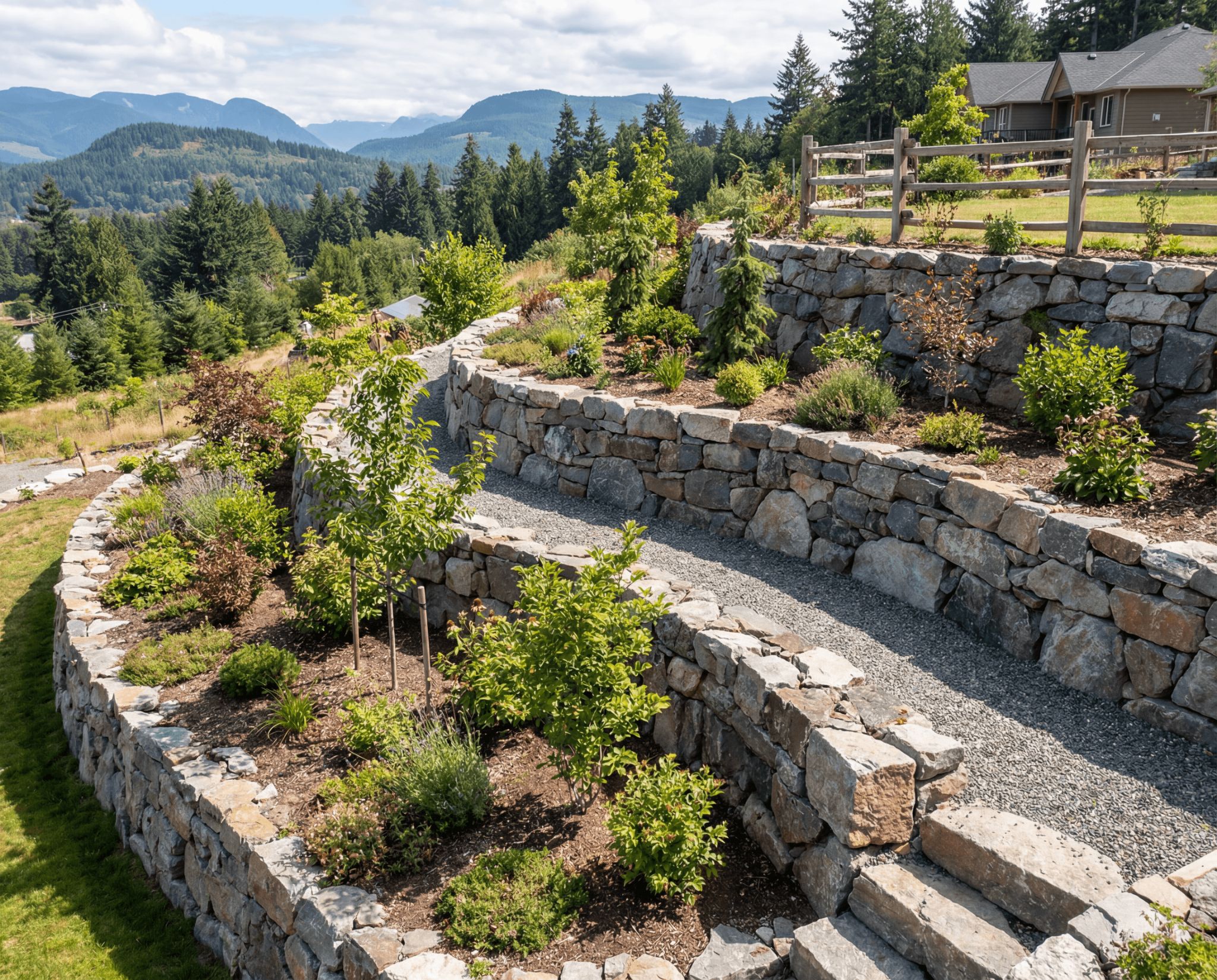 Stone retaining walls and landscaped gardens in Fraser Valley, Abbotsford BC, with mountain views.