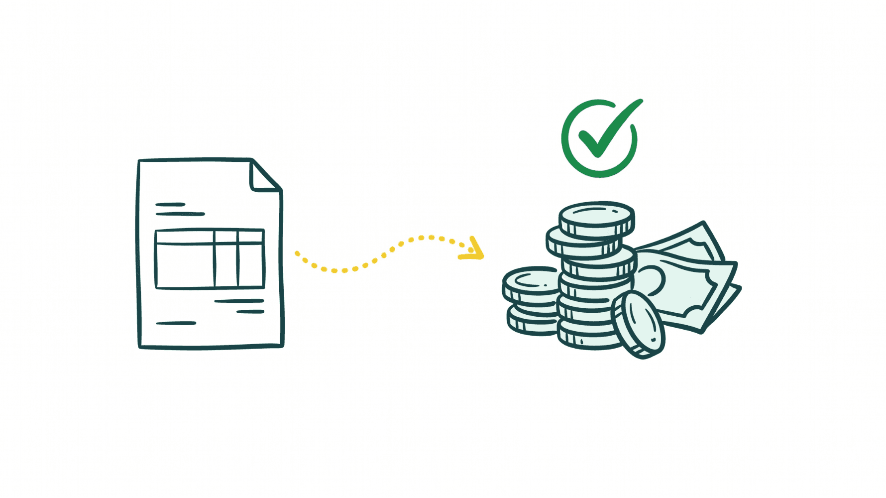  Illustration minimaliste d'une facture à gauche reliée par une flèche jaune pointillée à une pile de pièces et de billets à droite avec un checkmark vert au-dessus représentant le paiement reçu