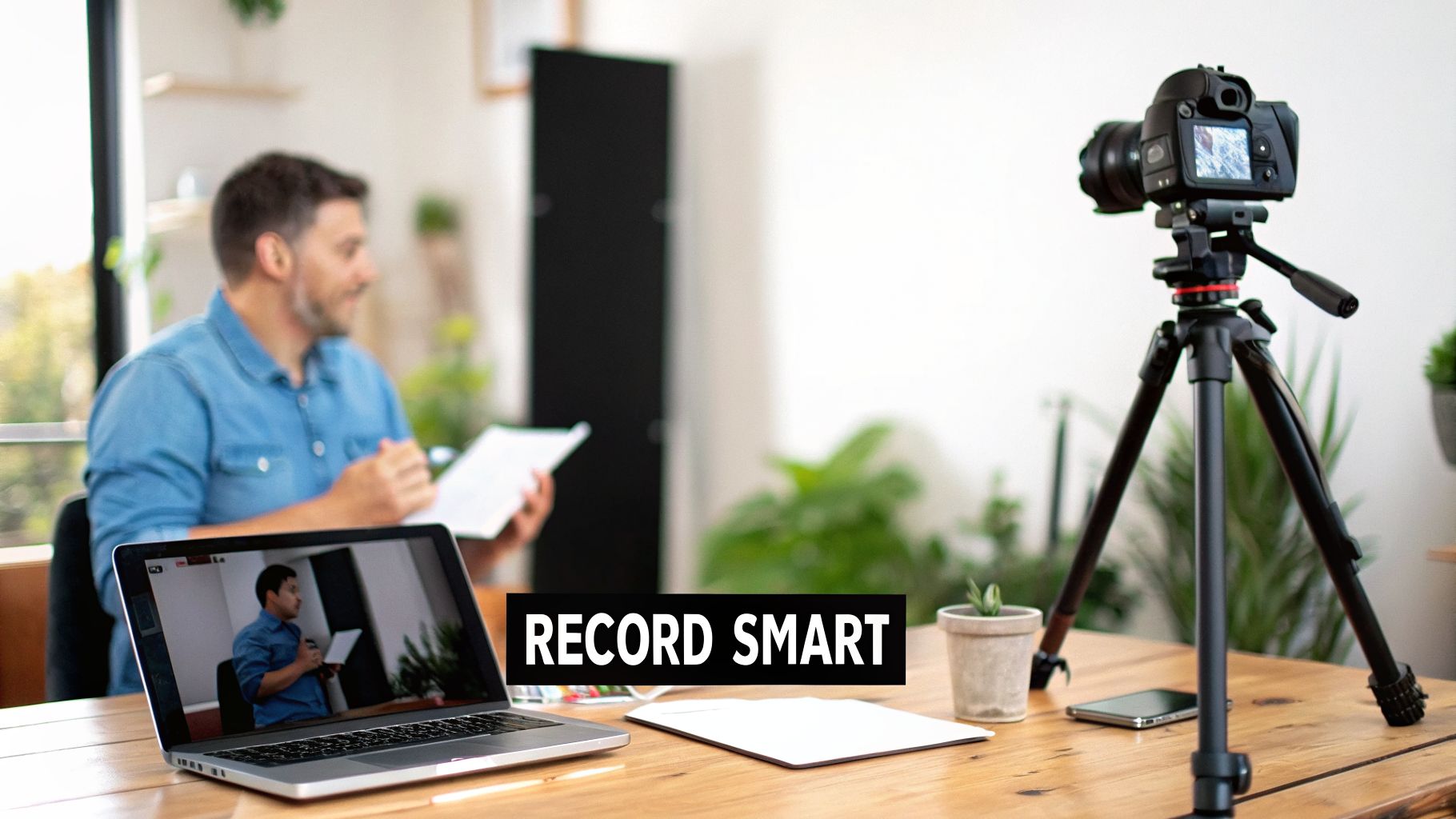 A man records video content in a home studio with a camera on a tripod and a laptop.