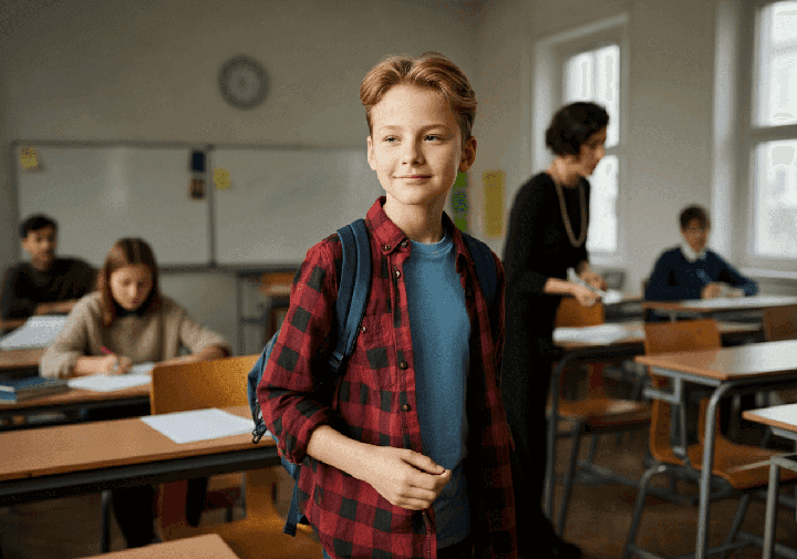 Nastoletni chłopiec odchodzi pewniy siebie od ławki szkolnej kiedy reszta klasy kończy sprawdzian