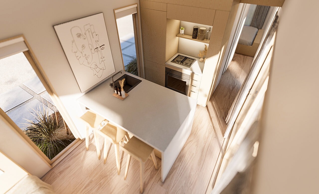 Scandi tiny house interior layout