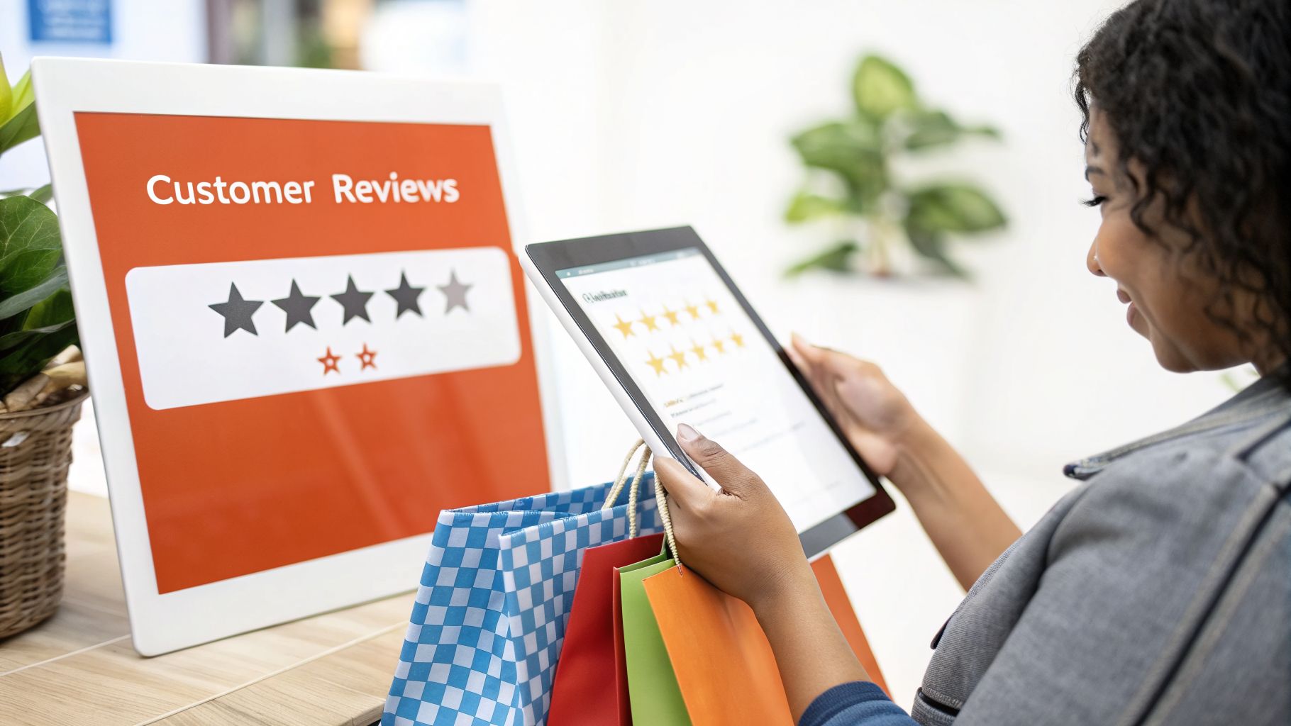 Person reviewing customer feedback on a tablet with shopping bags and a customer review sign.