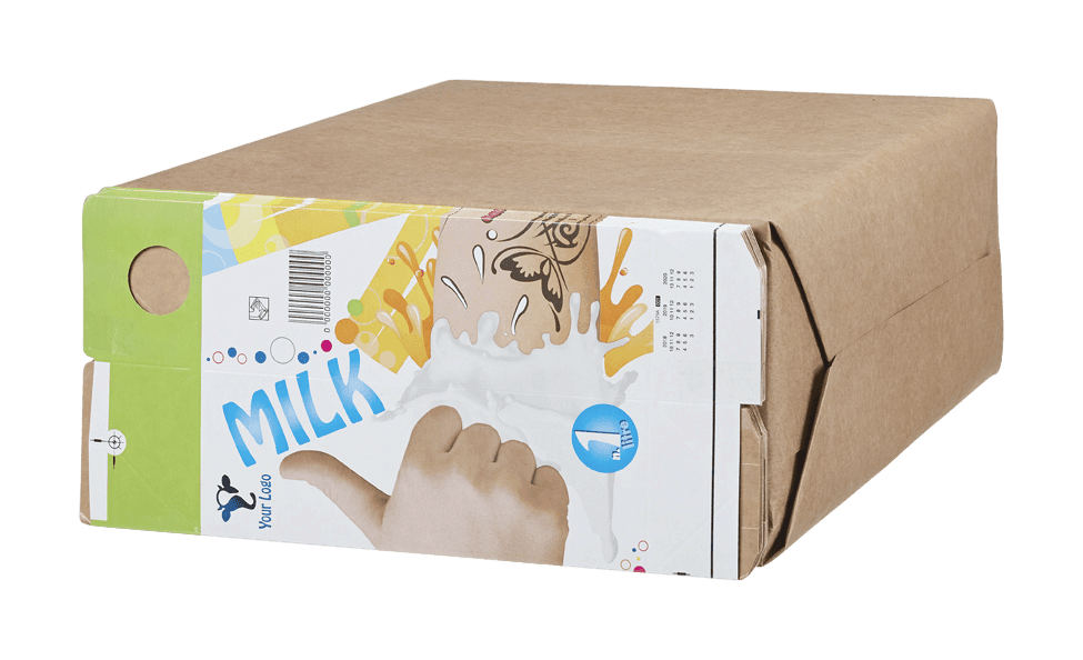 Milchkarton verpackt in braunem Papier. Nahaufnahme.