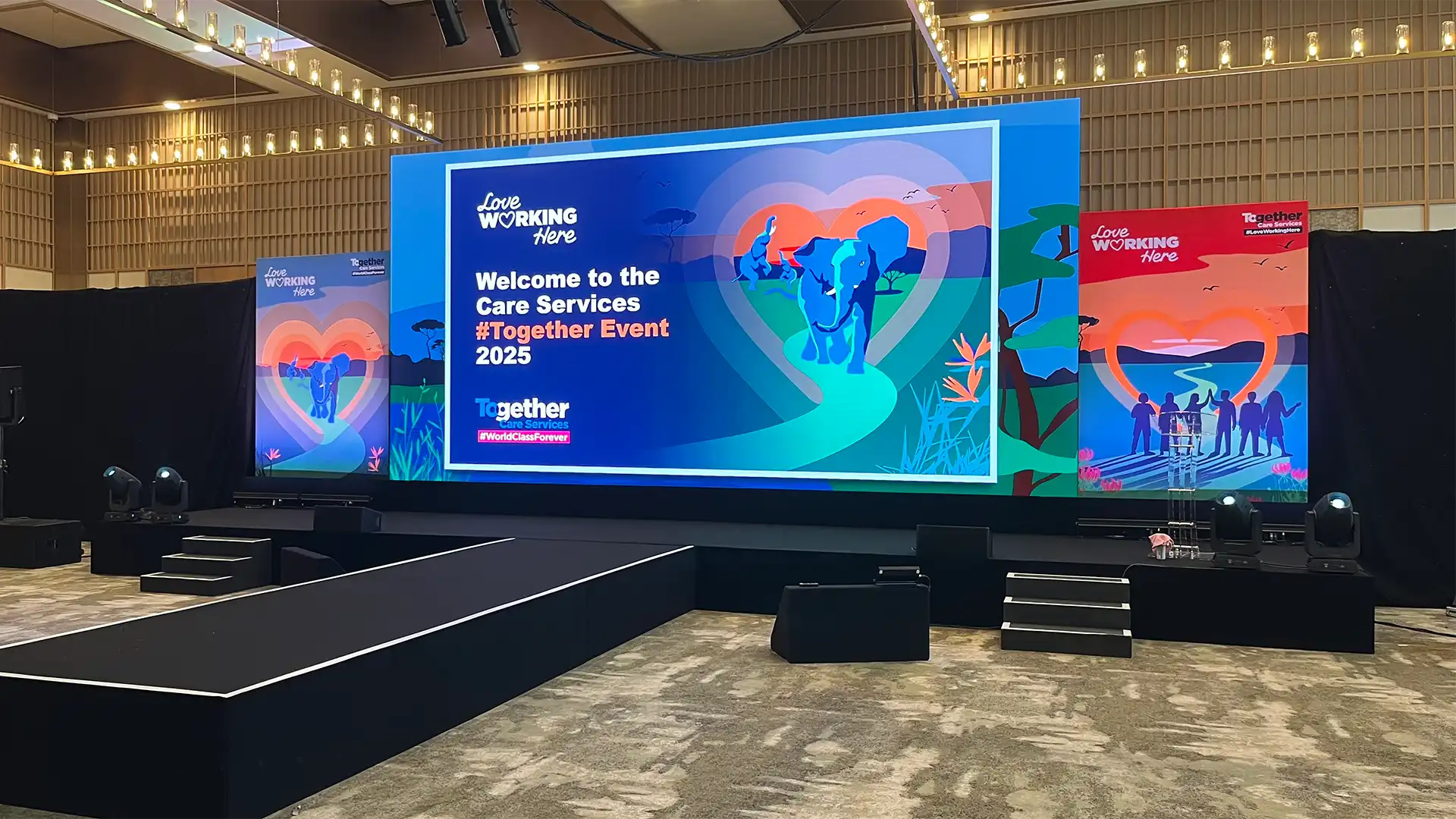 Pre-event view of the main stage setup for the Bupa Care leadership conference.