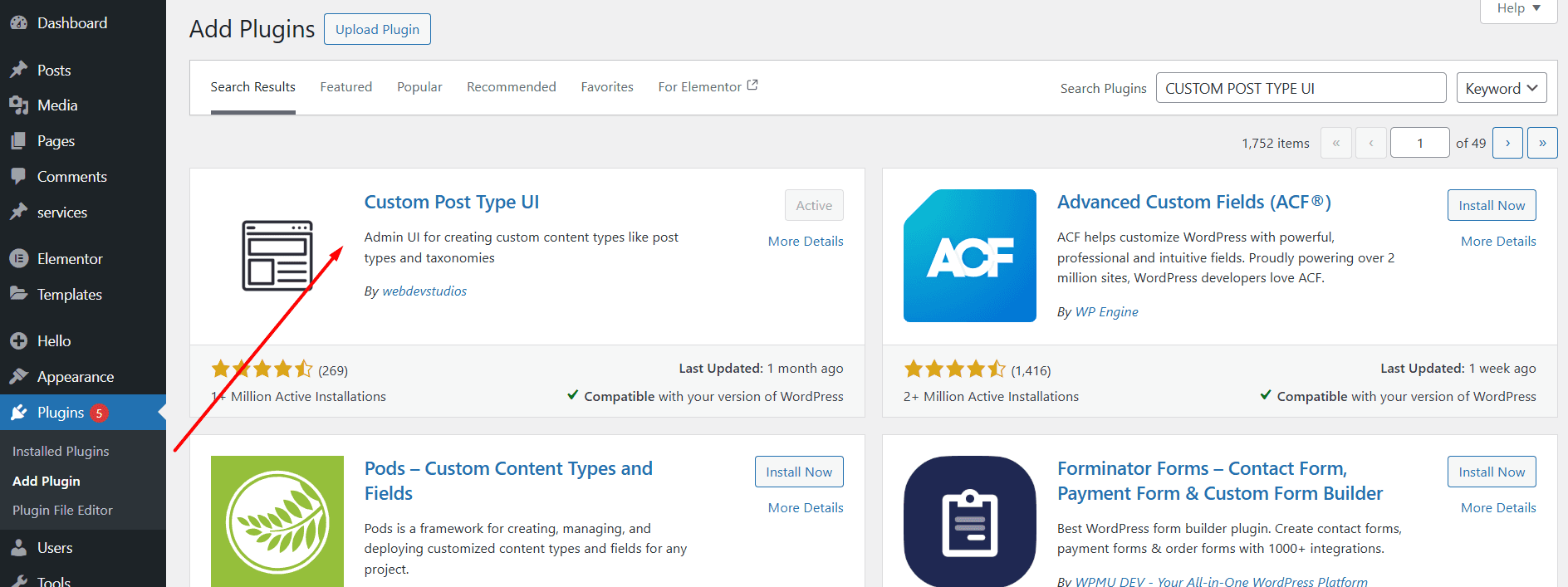 WordPress plugin page showing CPTUI 