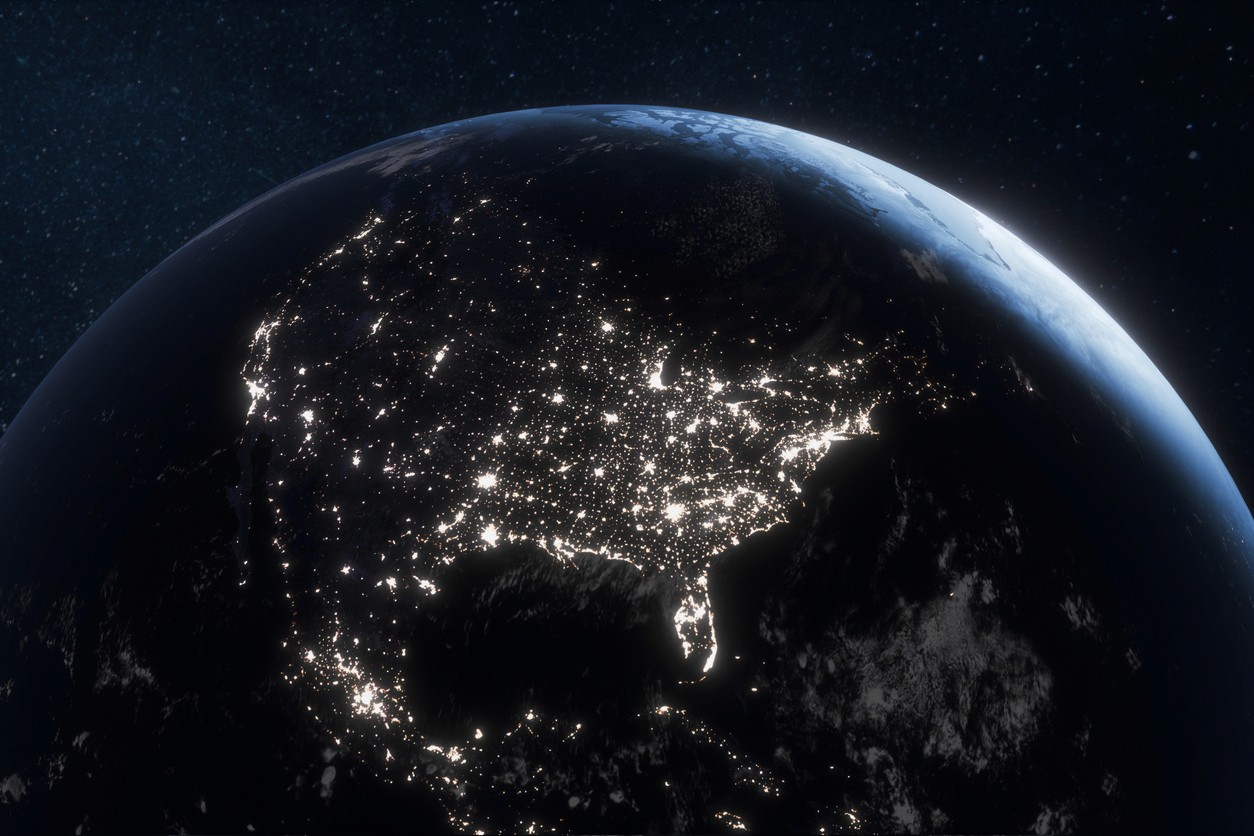 Earth from space at night over the United States with city lights