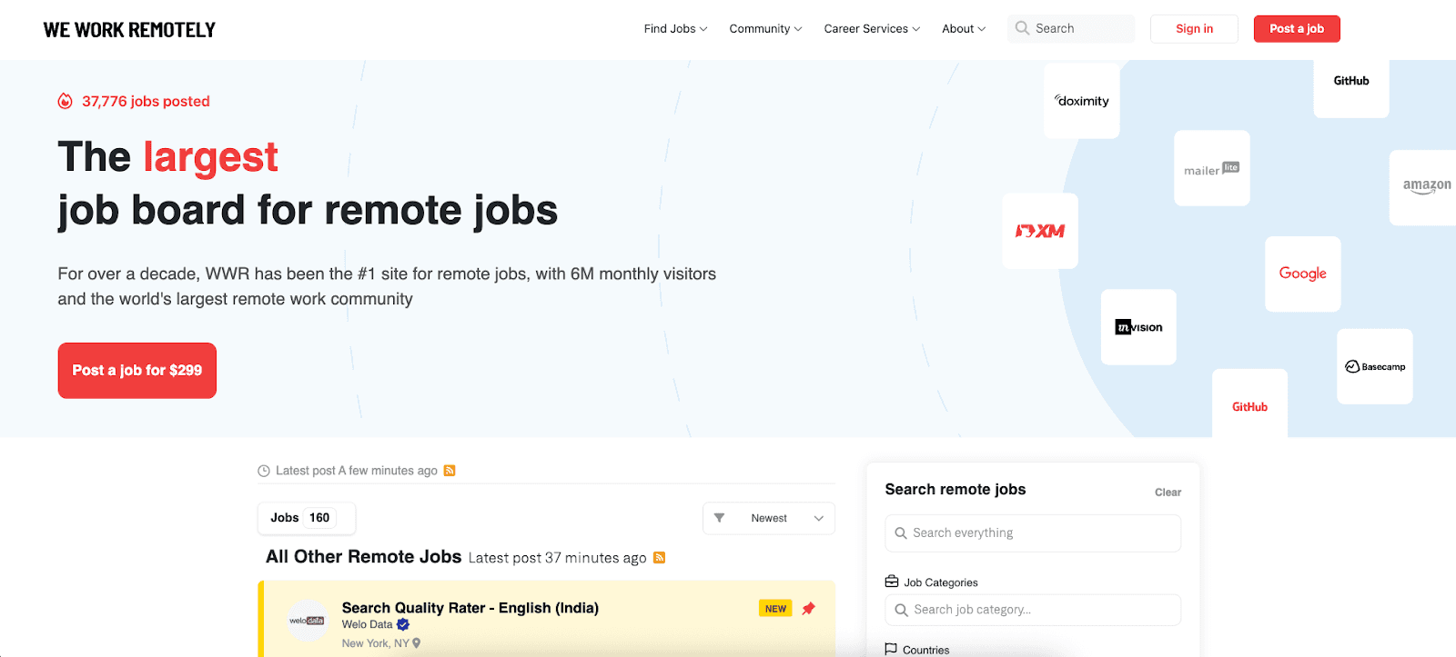 We Work Remotely homepage