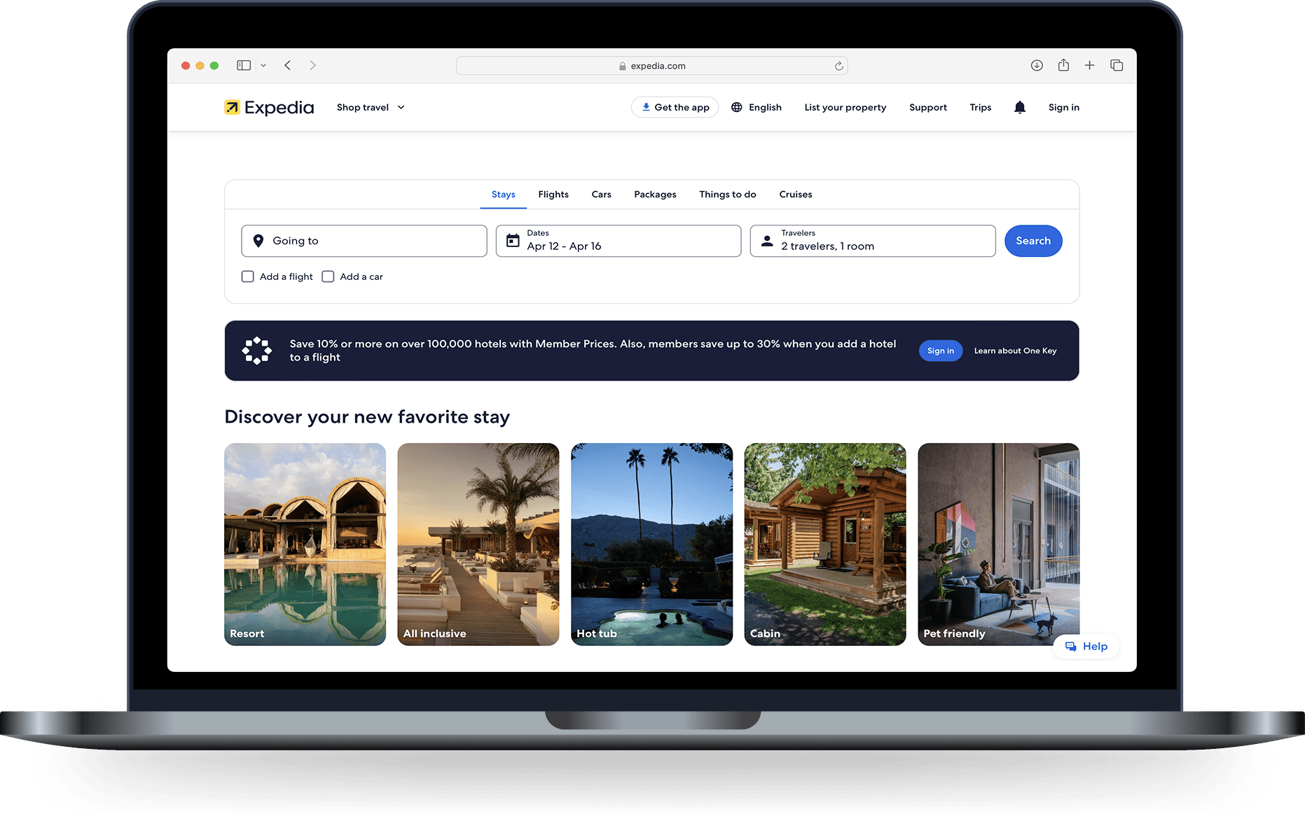 Homescreen of Expedia.com. Showcases data search and images of popular destiation.