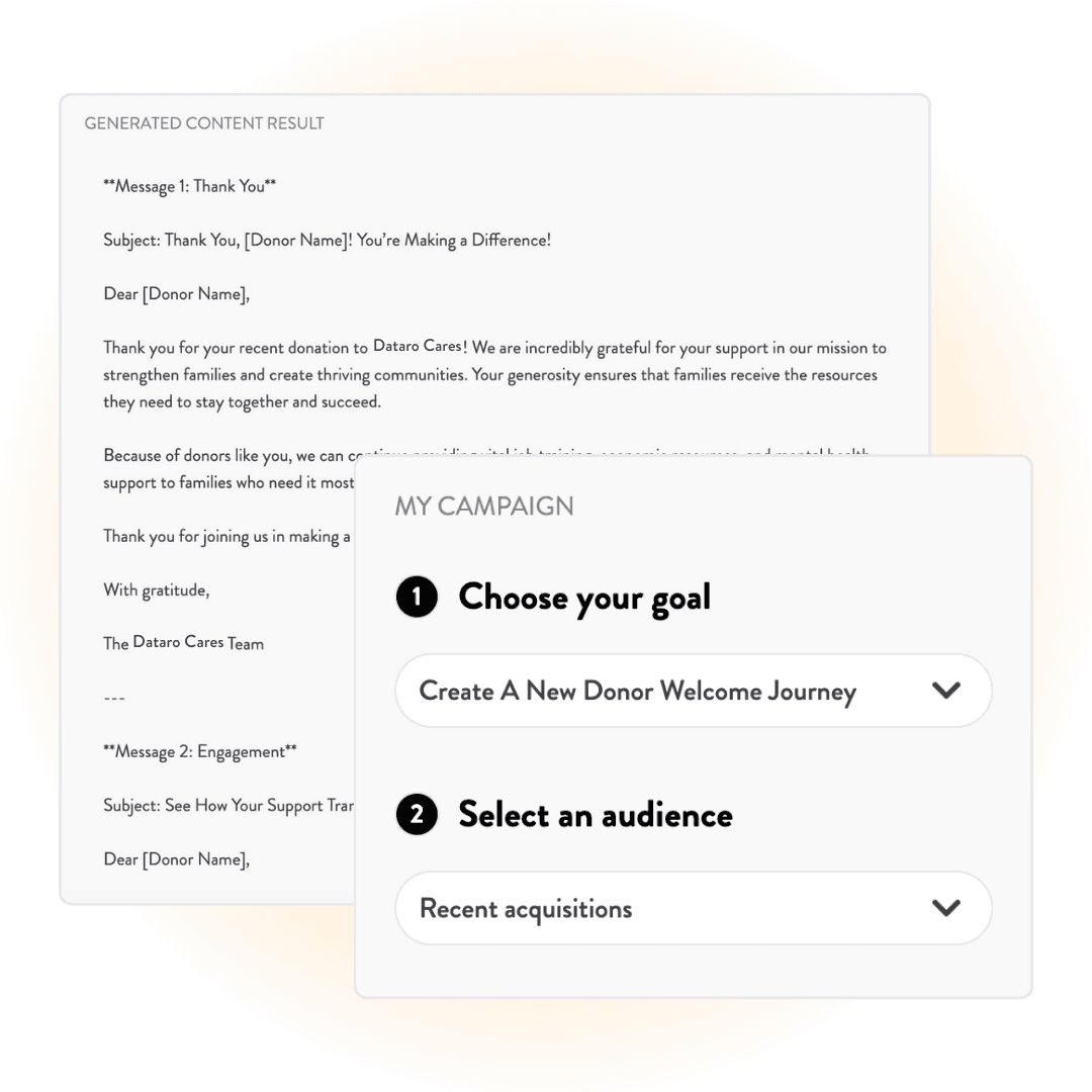 AI generated content, showing the option to customize campaign goal and selected audience.