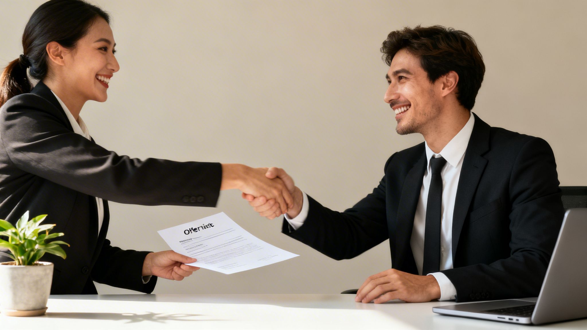 Dos profesionales de negocios sonrientes se dan la mano después de una carta de oferta.