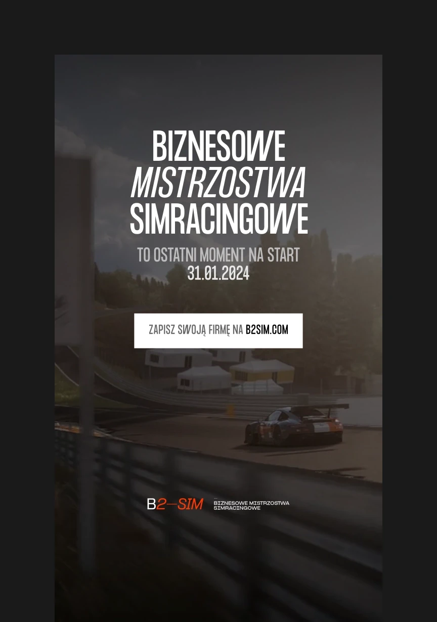 B2-SIM promotional poster with bold Polish text and a racing car on a track, advertising the start date of January 31, 2024.