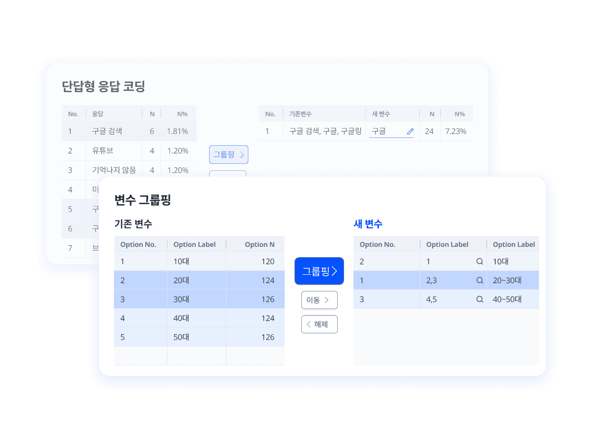Two interface panels displaying structured data tables with various rows and columns for user interaction.