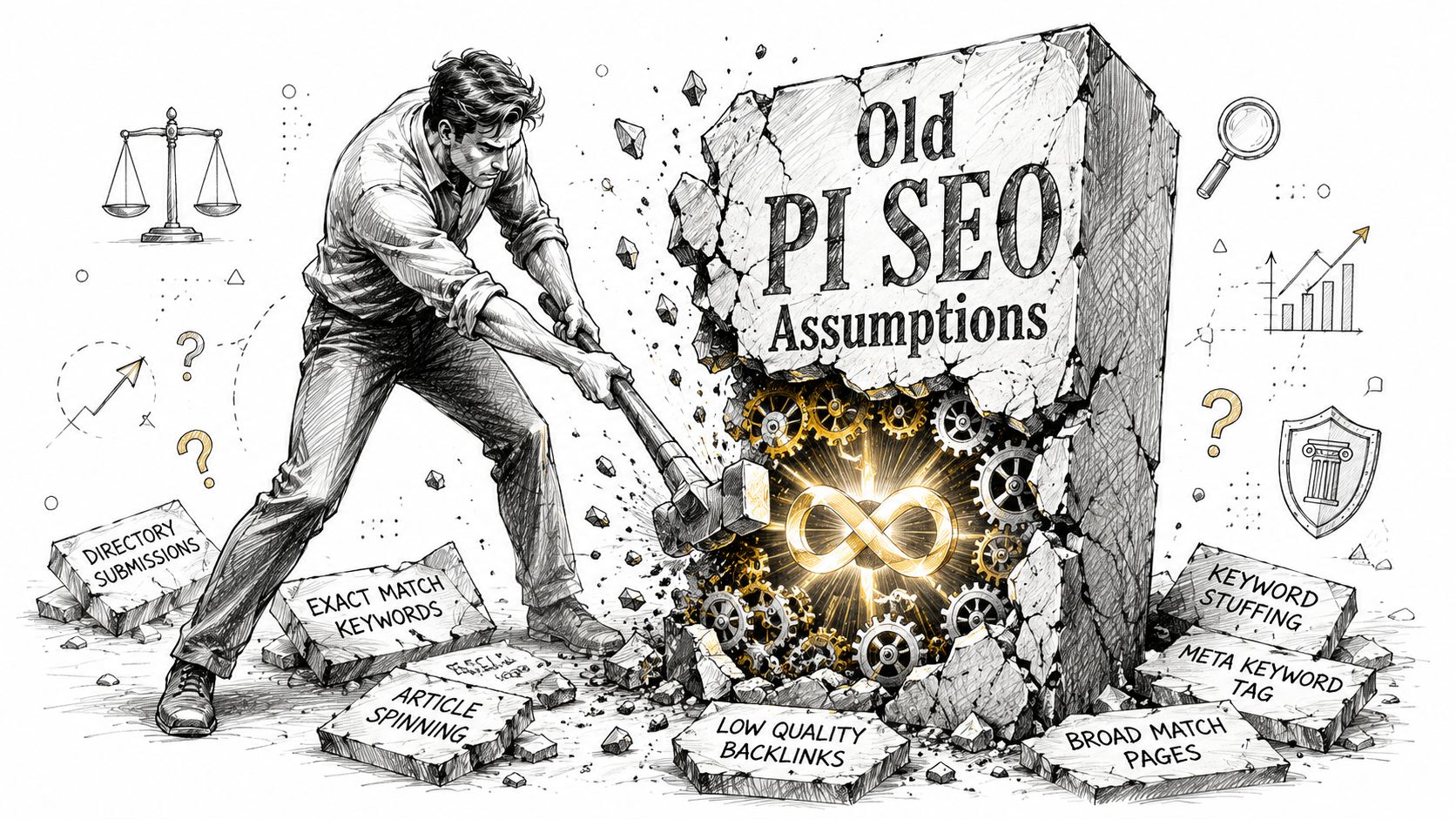 A man smashing a stone slab labeled Old PI SEO Assumptions to reveal golden gears and infinity.