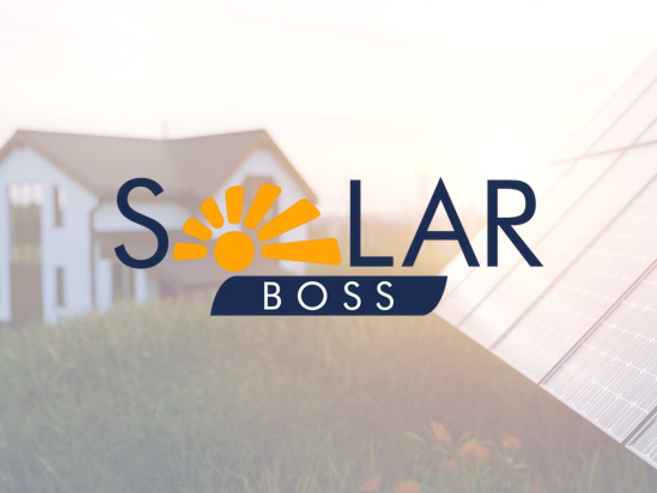 Solarboss logo over a background of a home and solar panels