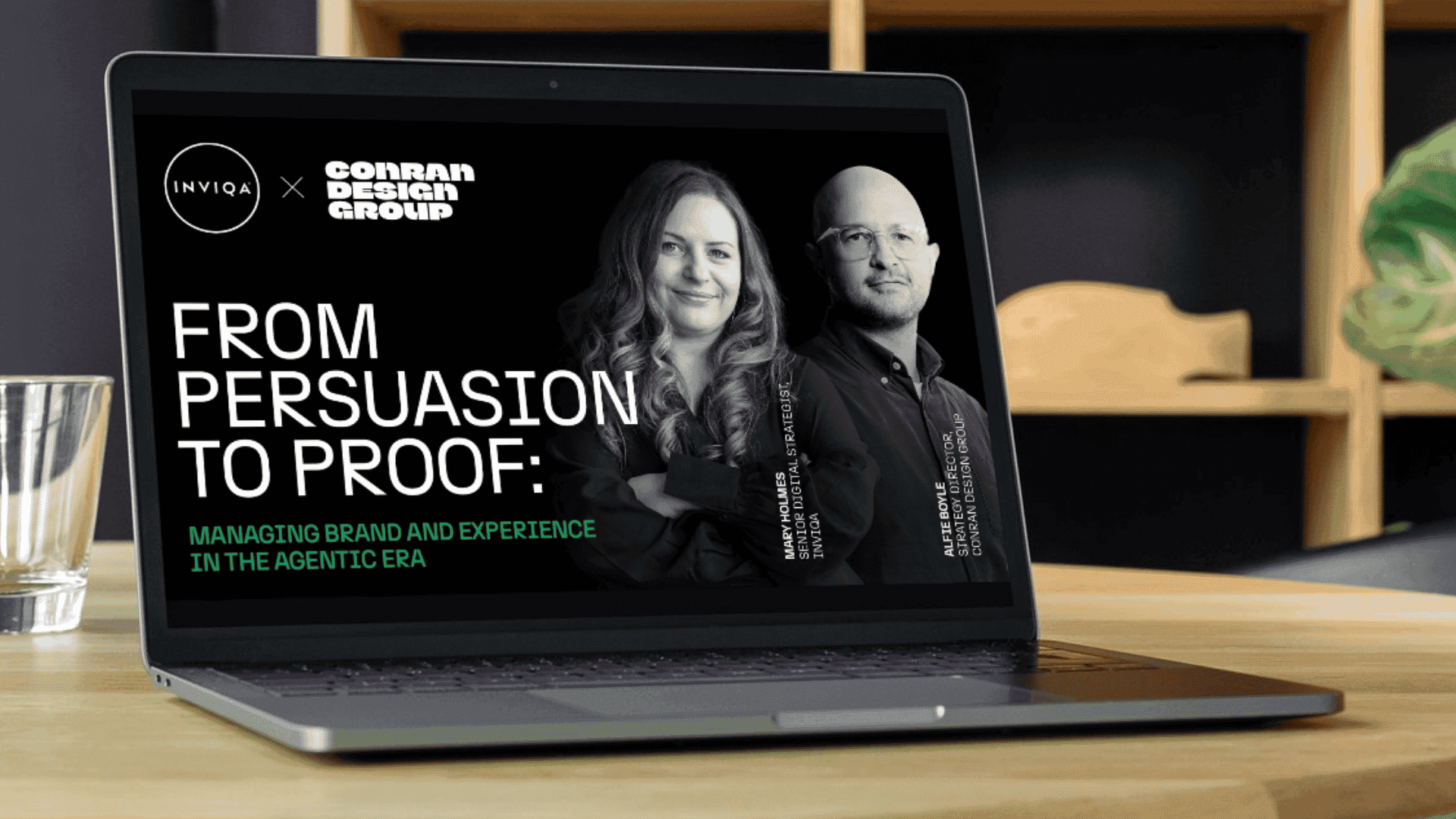A laptop with the opening screen of the Persuasion to Proof webinar between Inviqa and Conran Design Group