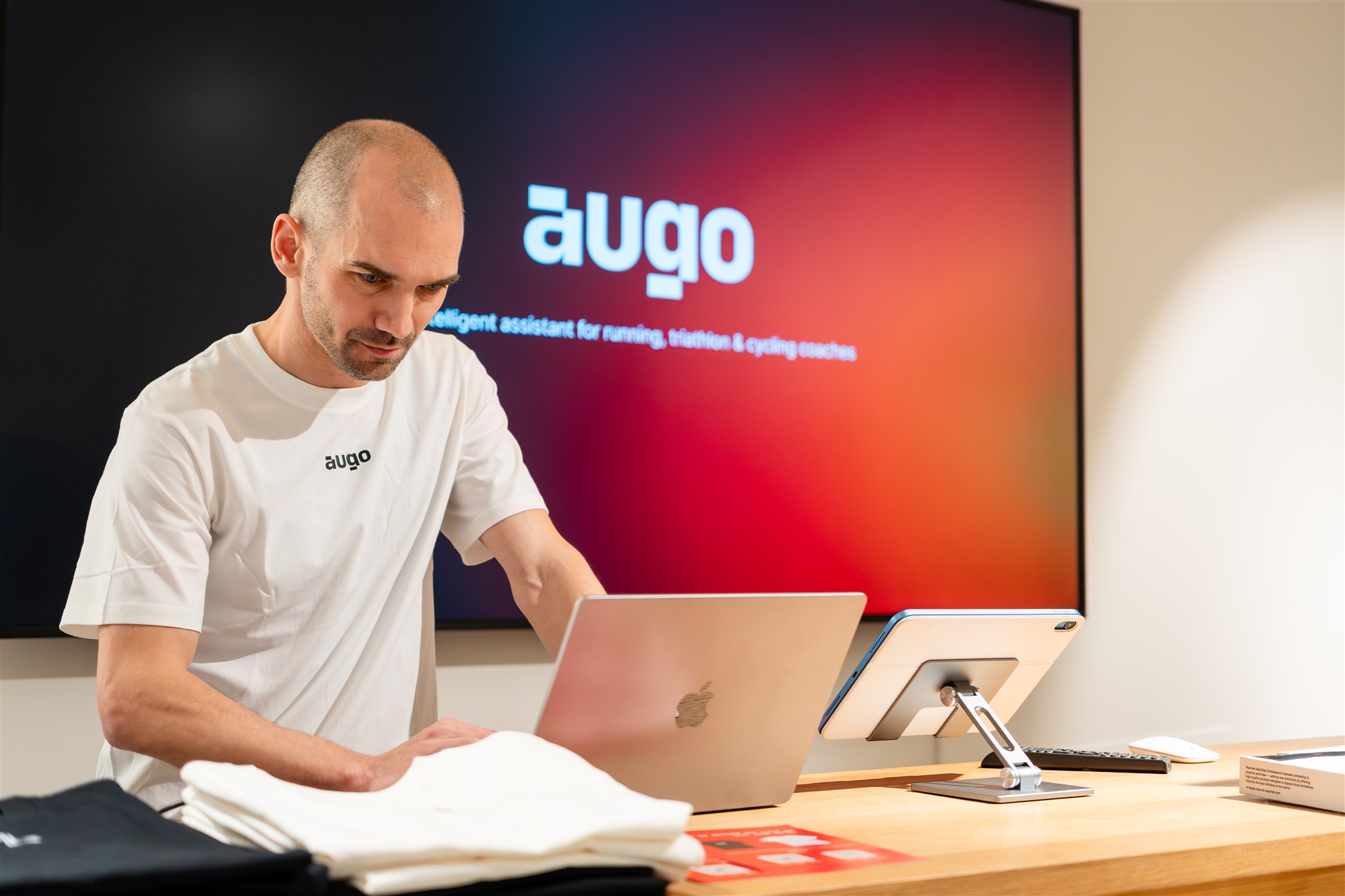 Presenter preparing for product launch event in Zurich