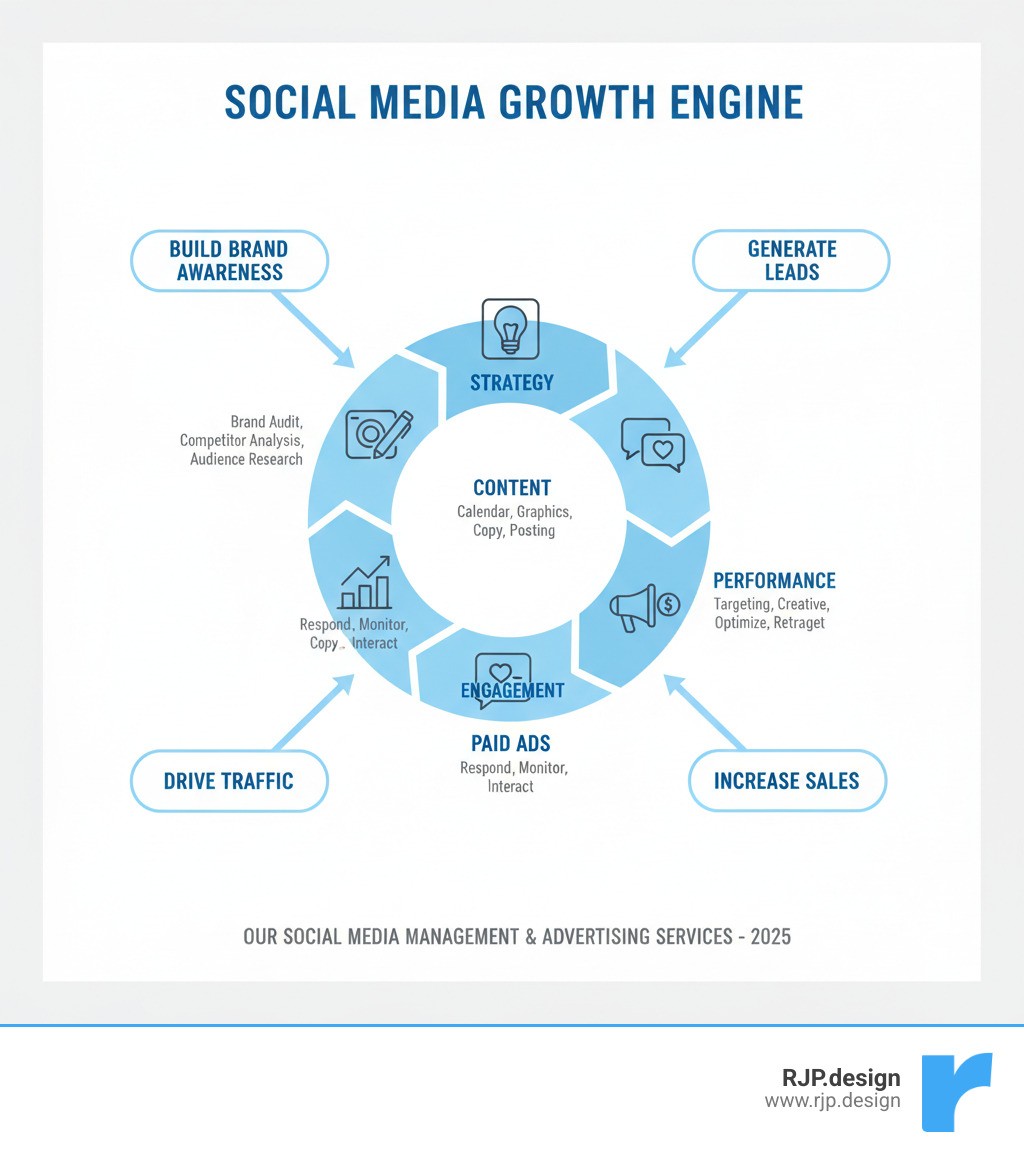 Infographic showing the components of social media management and advertising services: Strategy Development (brand audit, competitor analysis, audience research), Content Management (calendar creation, custom graphics, engaging copy, consistent posting), Community Engagement (responding to comments, reputation monitoring, follower interaction), Paid Advertising (audience targeting, ad creative, campaign optimization, retargeting), and Performance Tracking (analytics reports, KPI monitoring, continuous optimization). The graphic illustrates how these elements work together to build brand awareness, generate leads, drive traffic, and increase sales. - our Social Media Managment & Ads services infographic 