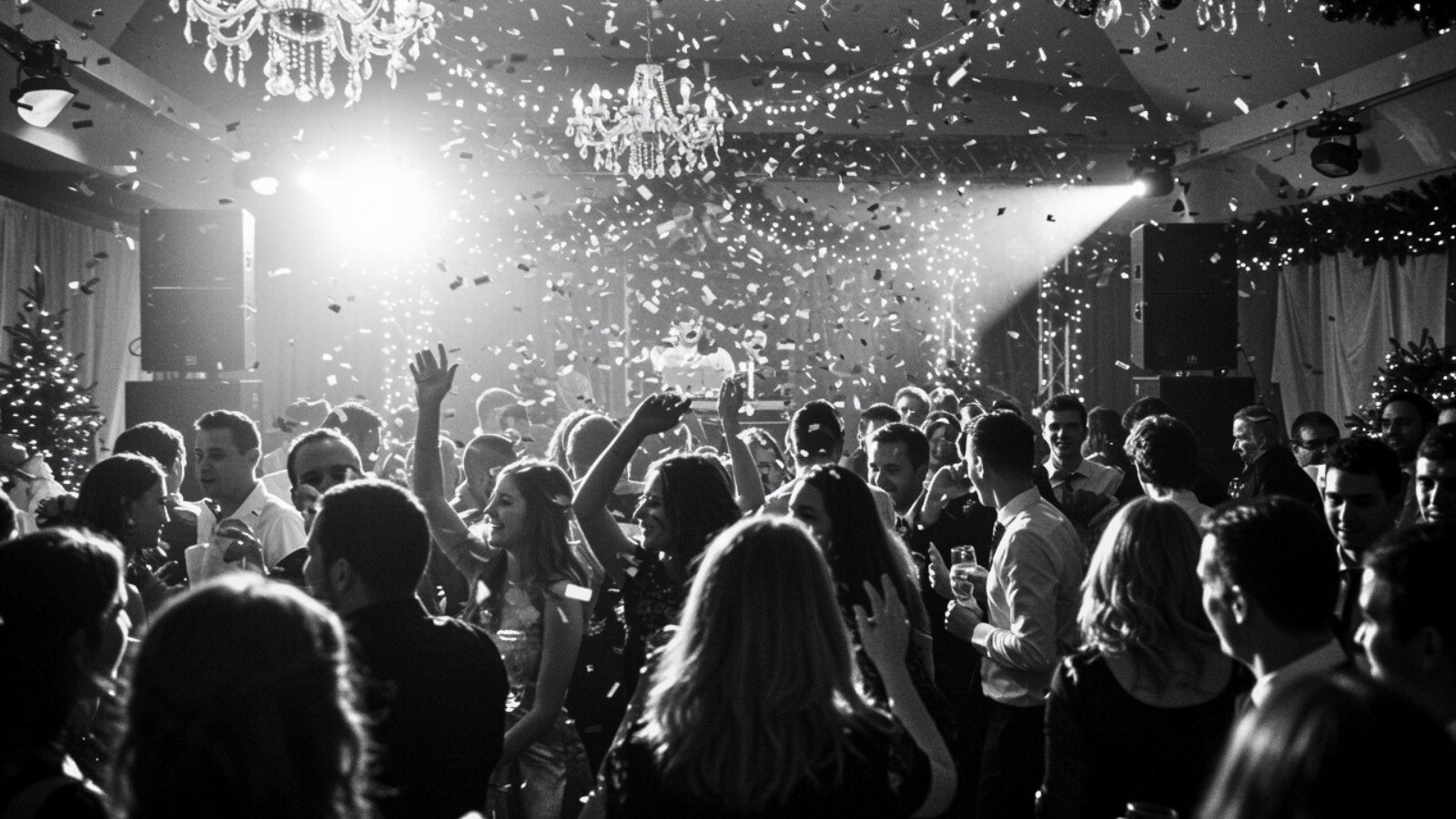 A lively crowd celebrating at a downtown Toronto Christmas party, friends laughing and dancing together as confetti falls and colorful lights glow across the room.