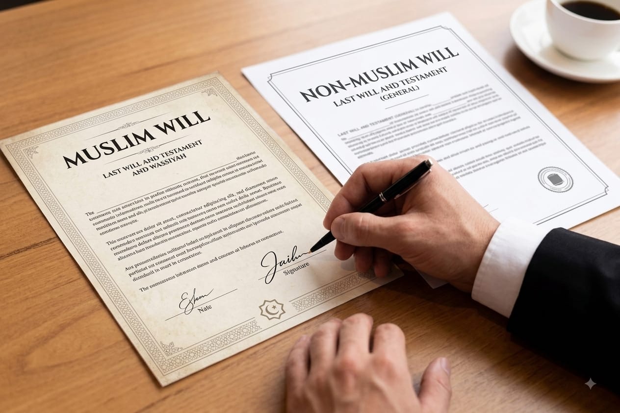 Muslim vs Non-Muslim Will UAE comparison showing Shariah Will and civil Will documents for inheritance planning.