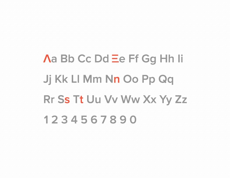 Typeface Proxima Nova specimen, featuring uppercase and lowercase characters A–Z and numbers 0–9 in grey on a white background, with letters A, E, N, S, and T highlighted in orange.