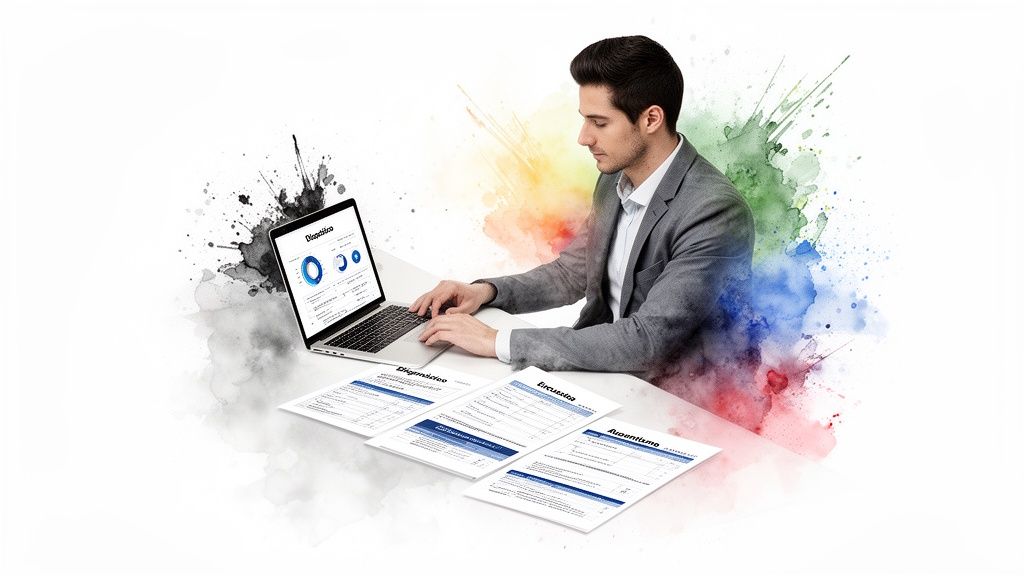 Hombre de negocios analizando datos en su laptop y documentos con gráficos de bienestar laboral.