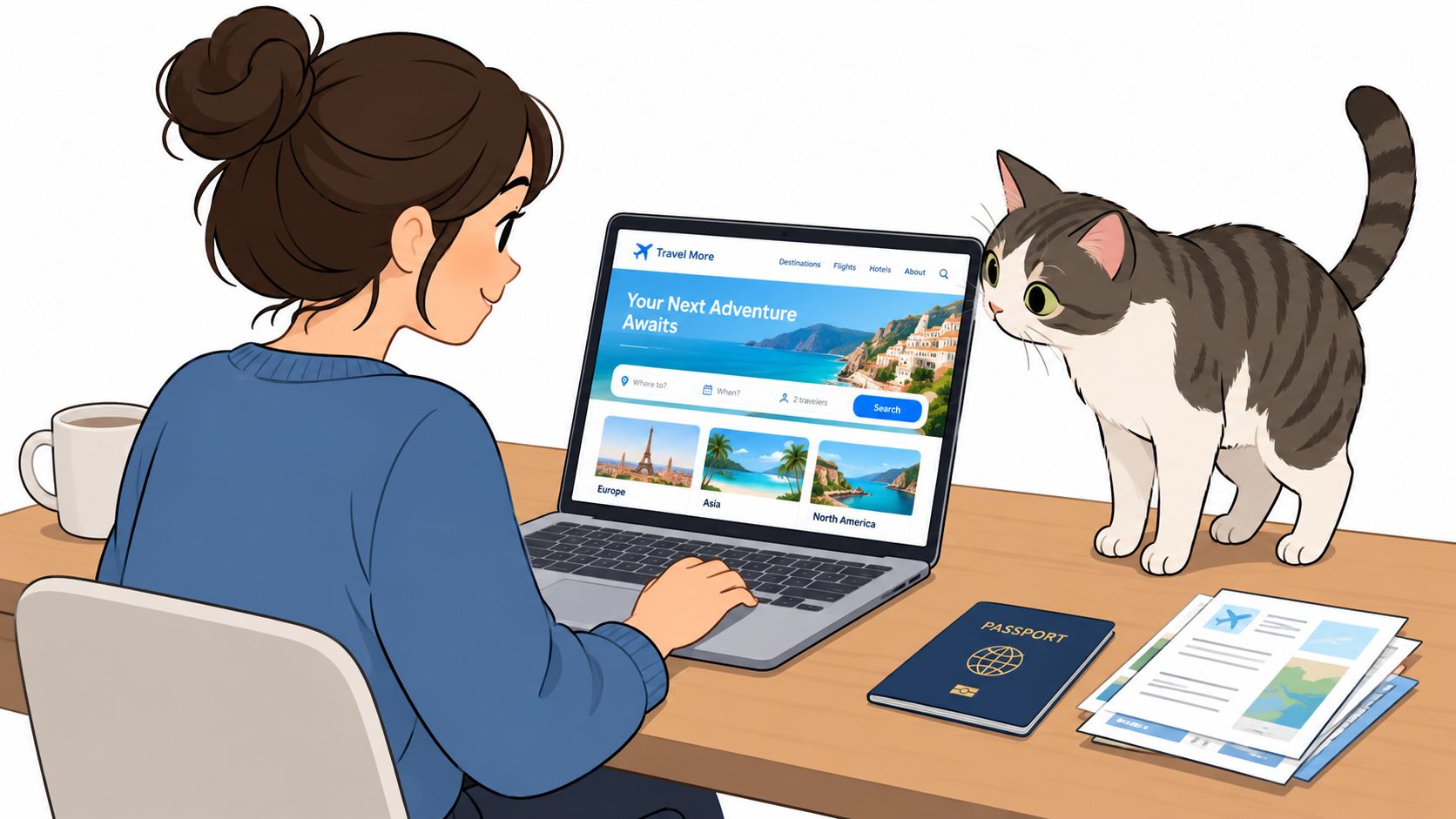 A girl sitting at a desk with her cat while researching travel destinations on her laptop computer.