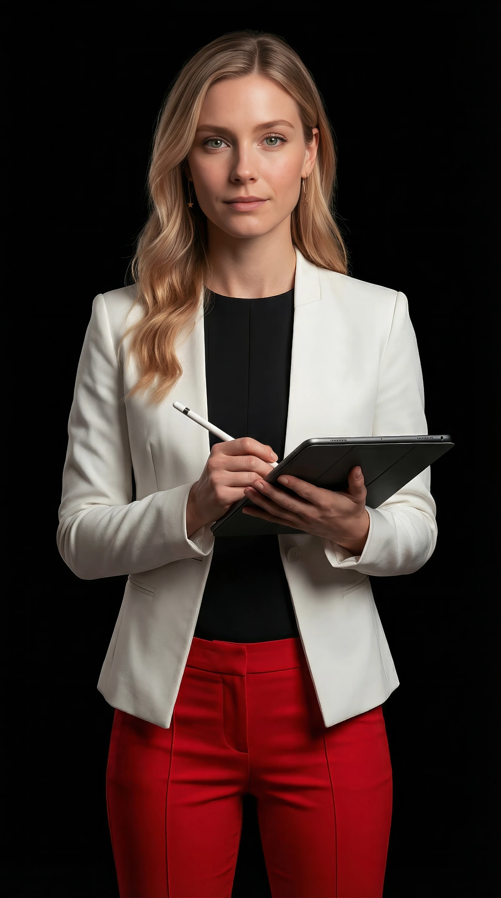 Porträt einer digitalen KI-Persona in einem futuristischen Raumanzug in Schwarz, Weiß und Rot, die für strategische Koordination und Systemorchestrierung steht.