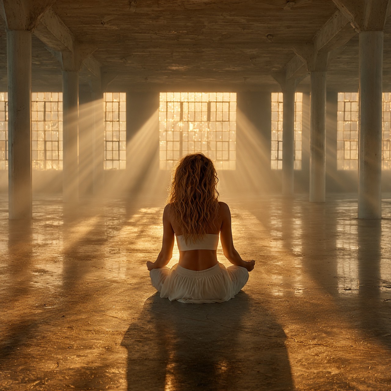 A woman in workout attire sits cross-legged on a sunlit floor in a spacious room with large windows. The setting sun casts a warm glow, creating a serene atmosphere.