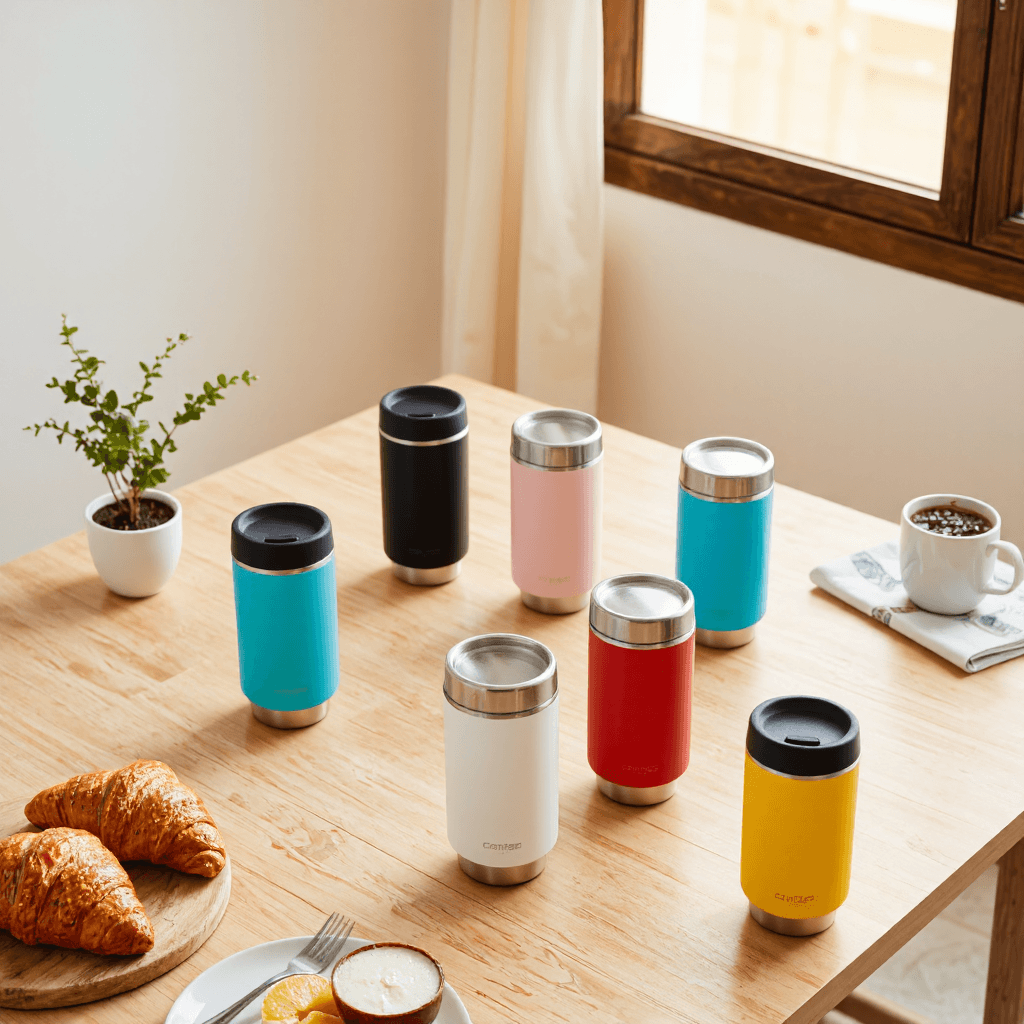 product photography of travel mugs