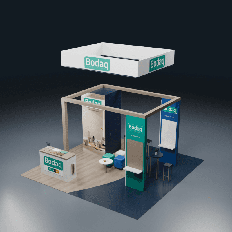 20x20 interior film trade show booth with surface samples and specification tables