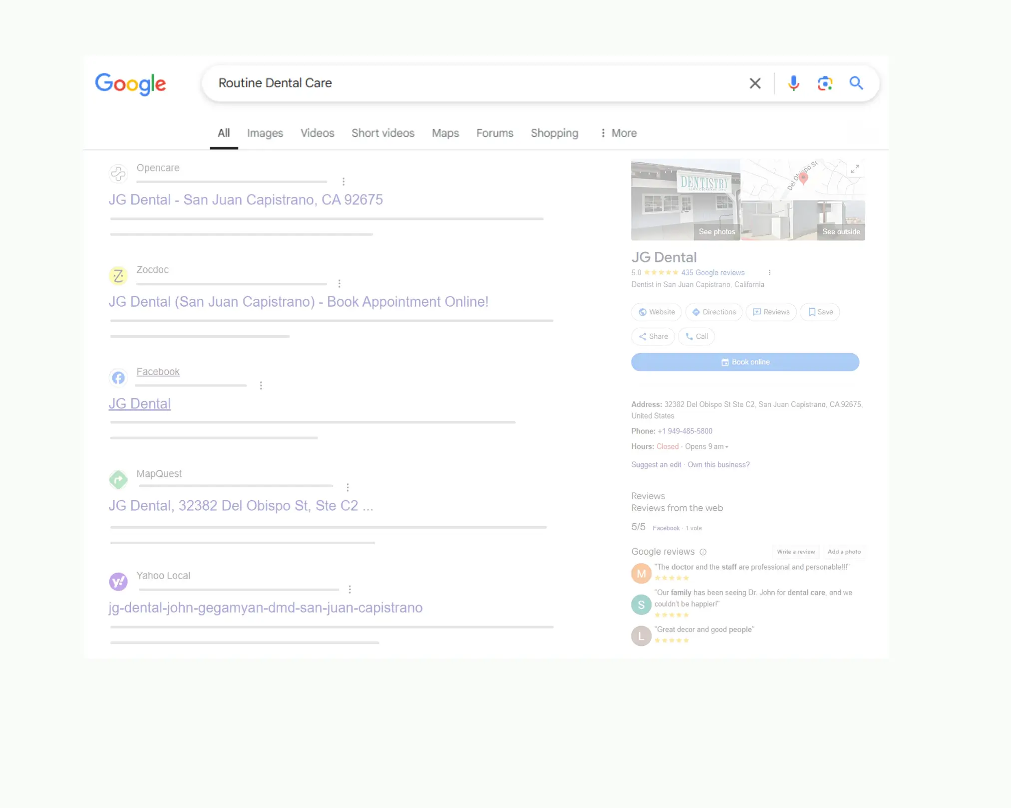 Routine dental care search results showing JG Dental listings and reviews