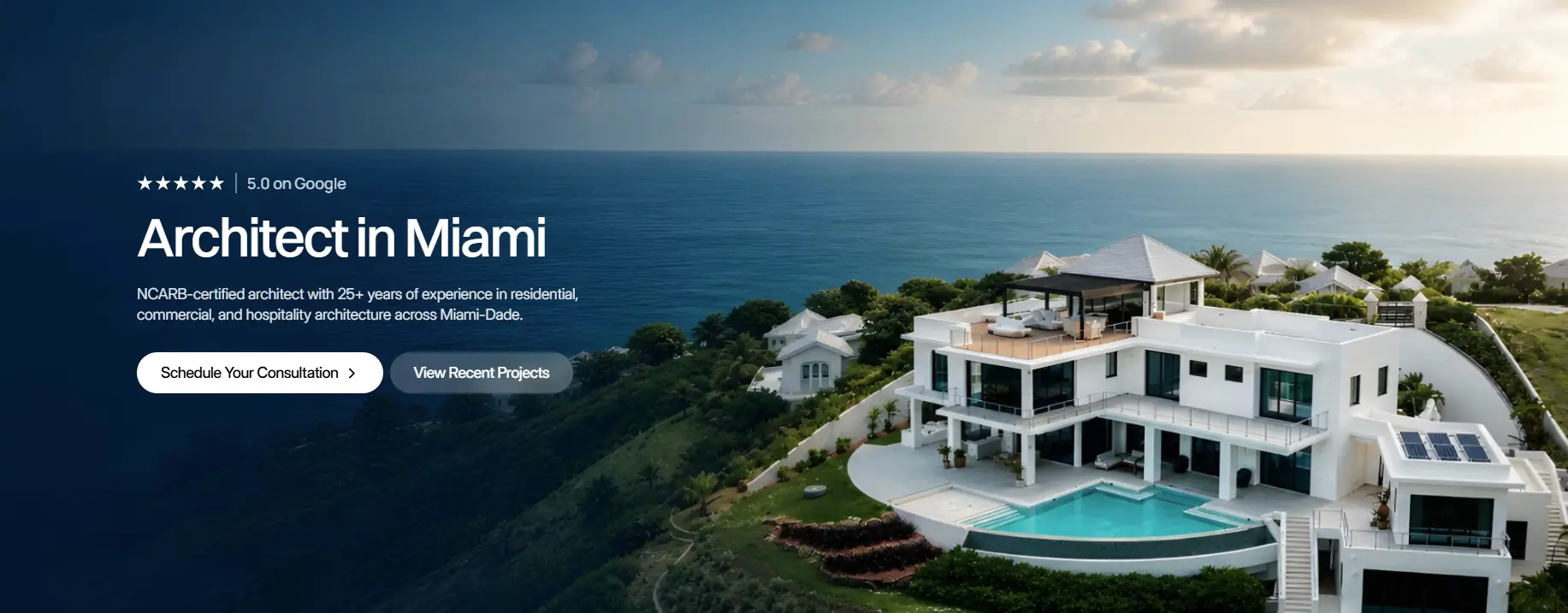 Architect in Miami website hero section with oceanfront home