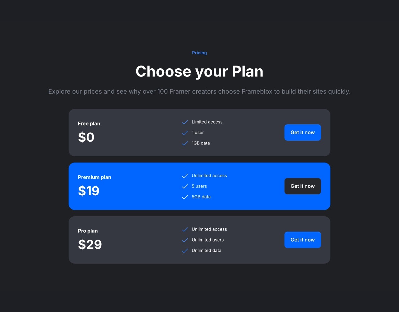 Framer Dark Pricing Section - Frameblox UI