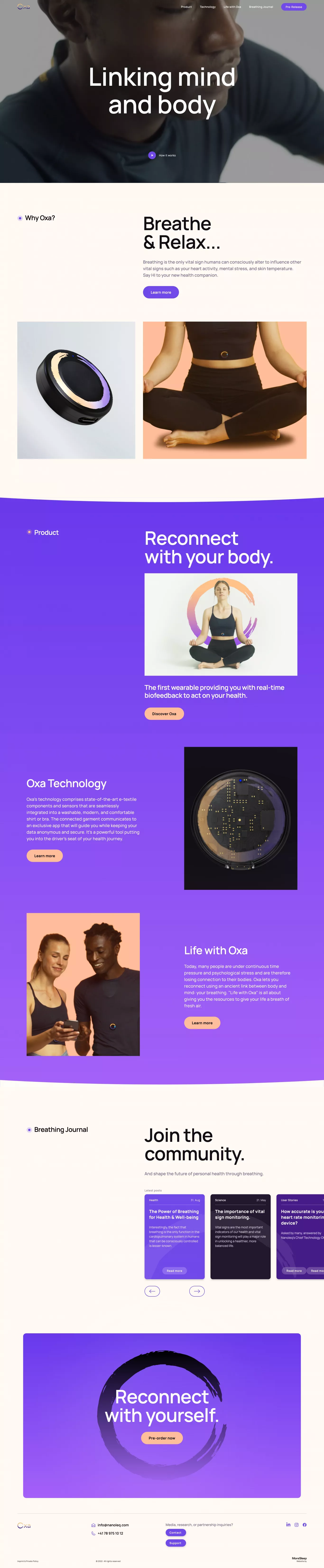 Oxa landing page screenshot showcasing Health & Fitness and Tech design
