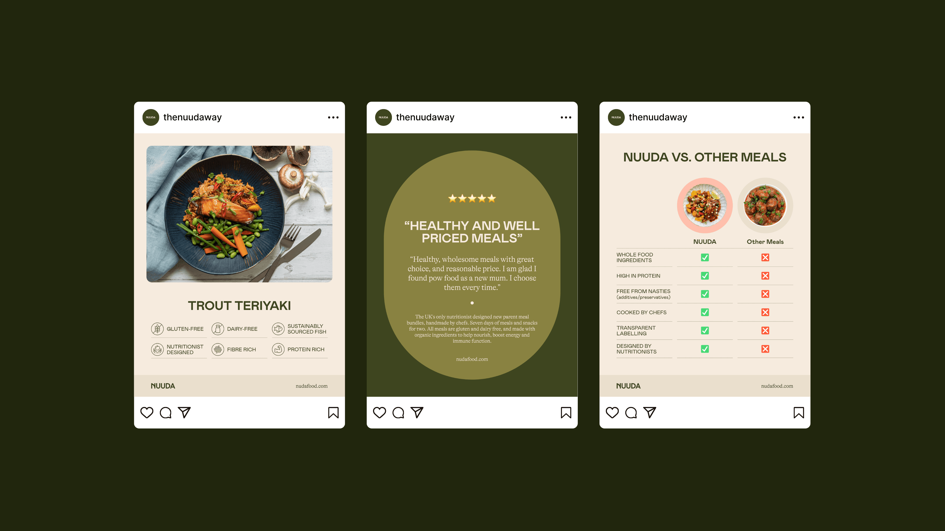 Three Nuuda Instagram post templates showing a product photo post, a customer review post, and a comparison checklist post