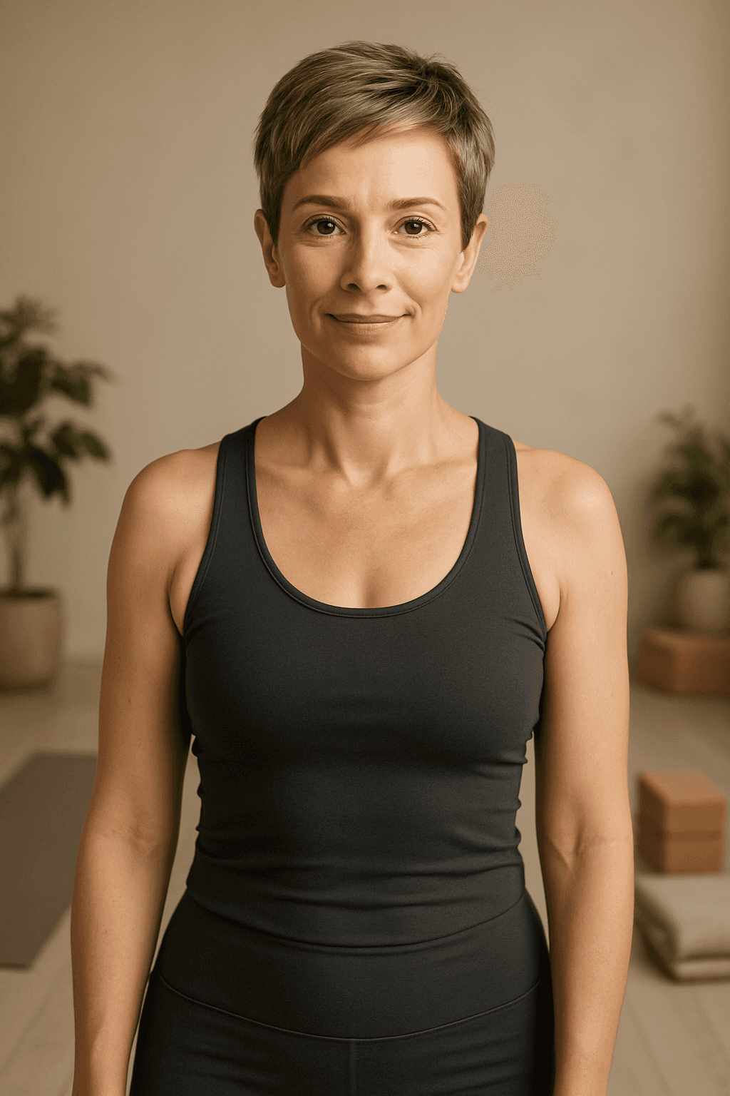 caucasian female yoga teacher short hair